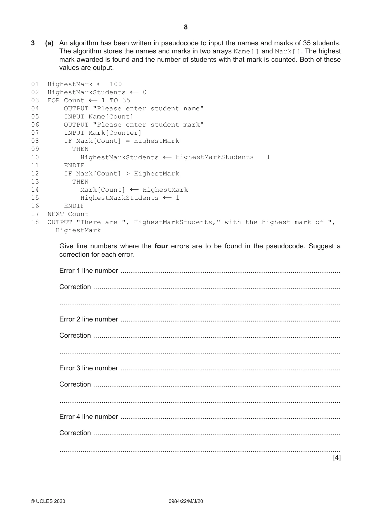 Cambridge IGCSE Computer Science (9-1) 0984 2020 May/June Paper 2 · Variant 2 question paper, page 8 of 16