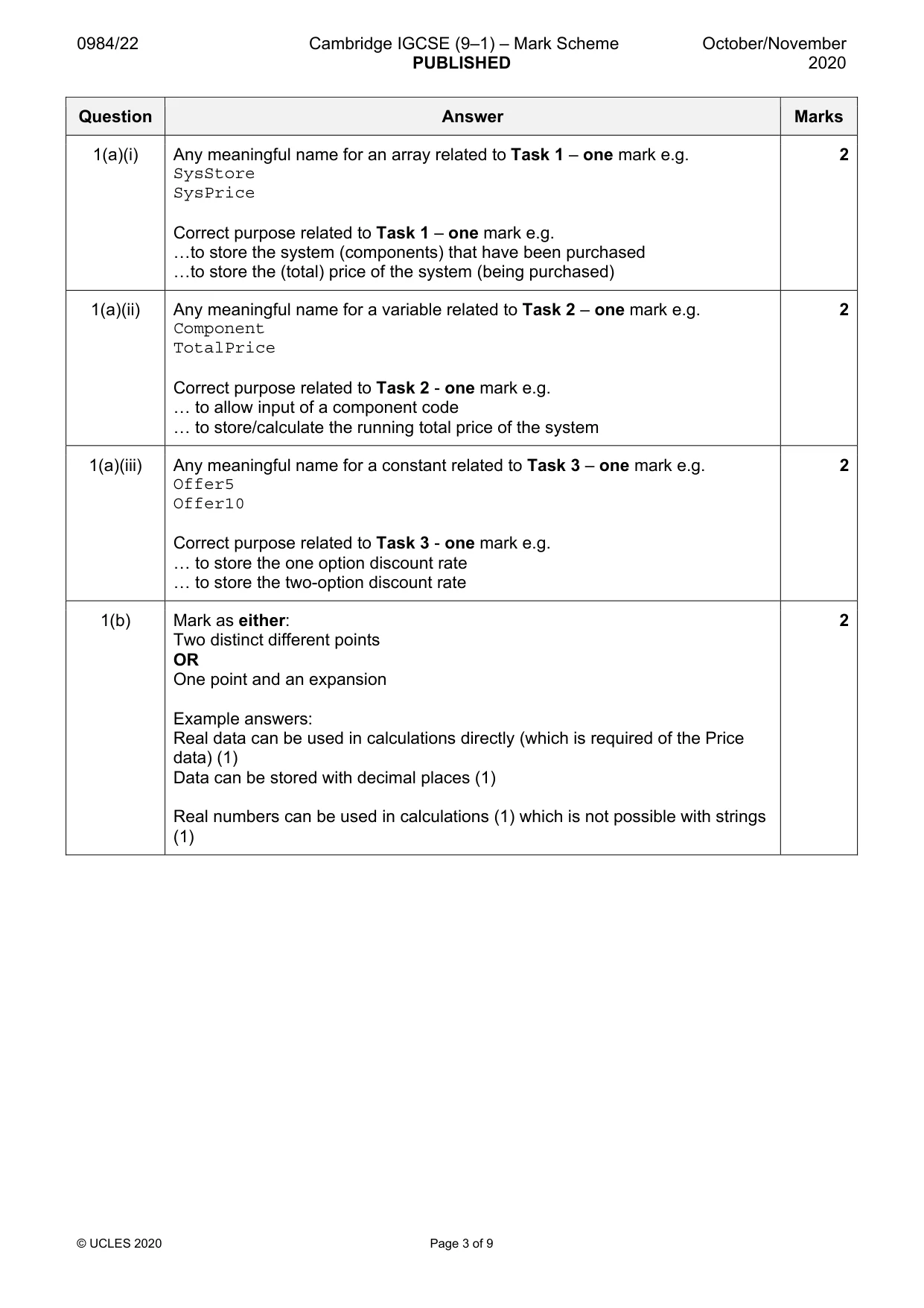 Mark scheme, page 3 of 9