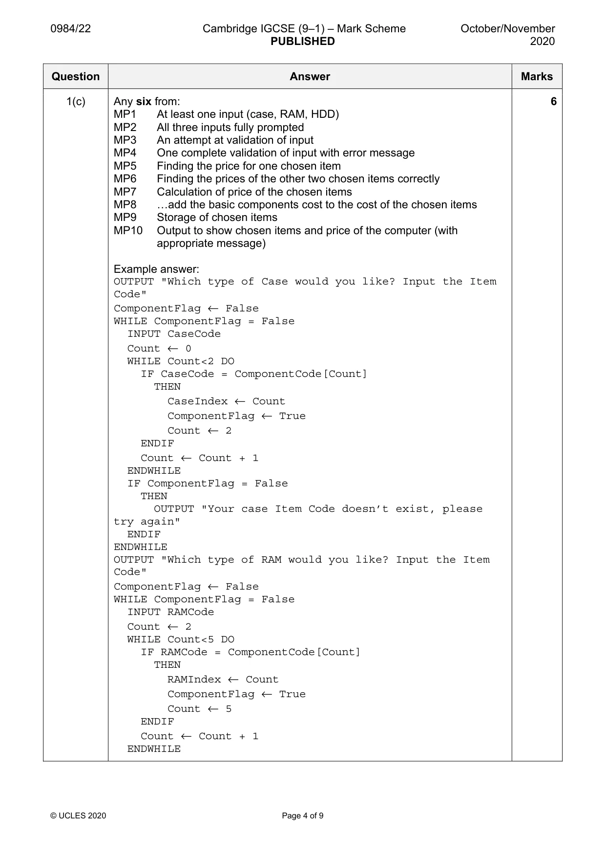 Mark scheme, page 4 of 9