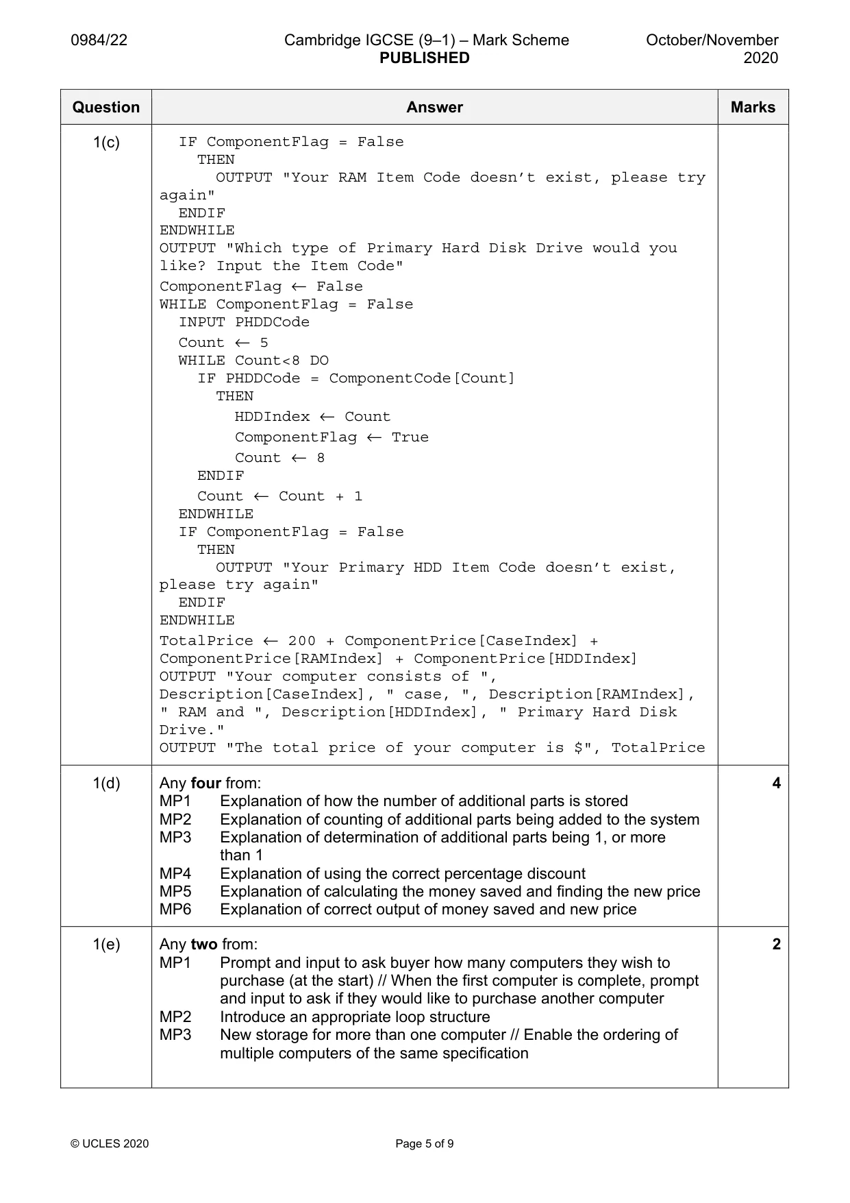 Mark scheme, page 5 of 9