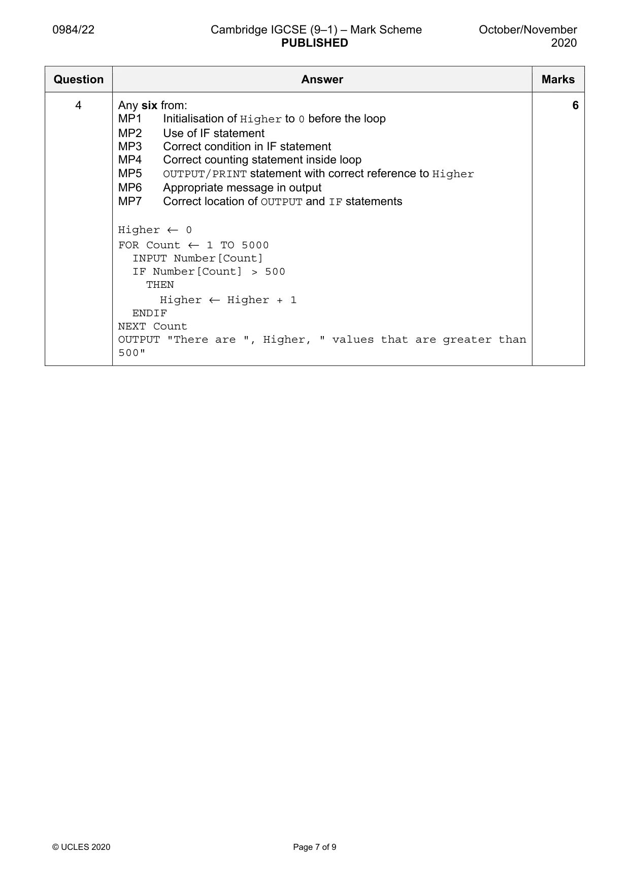 Mark scheme, page 7 of 9