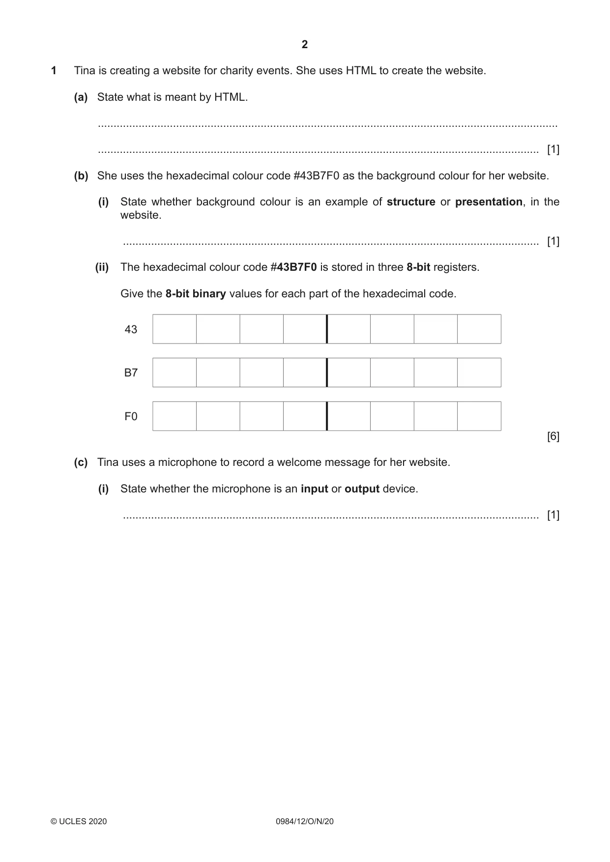 Cambridge IGCSE Computer Science (9-1) 0984 2020 Oct/Nov Paper 1 · Variant 2 question paper, page 2 of 12