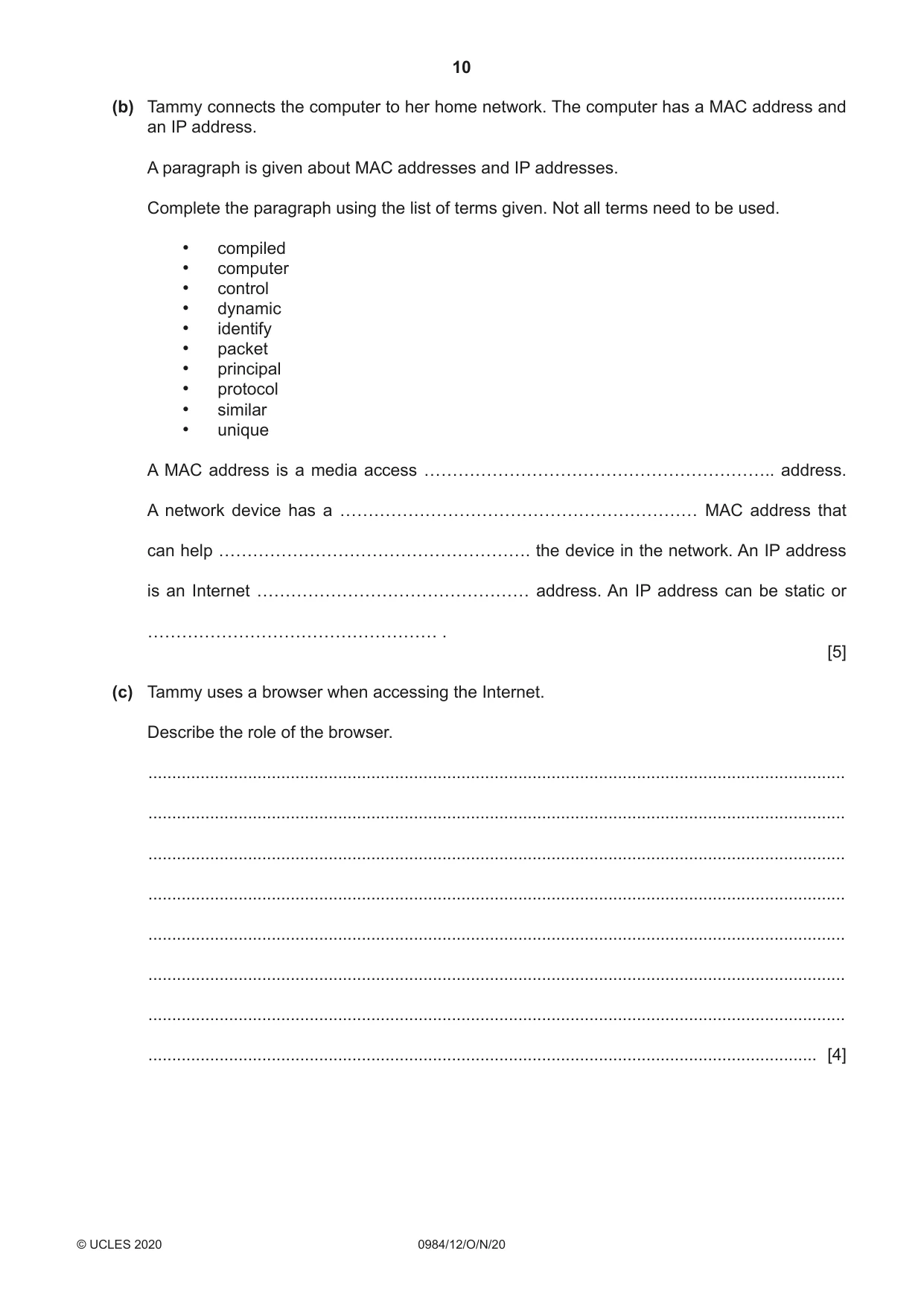 Cambridge IGCSE Computer Science (9-1) 0984 2020 Oct/Nov Paper 1 · Variant 2 question paper, page 10 of 12