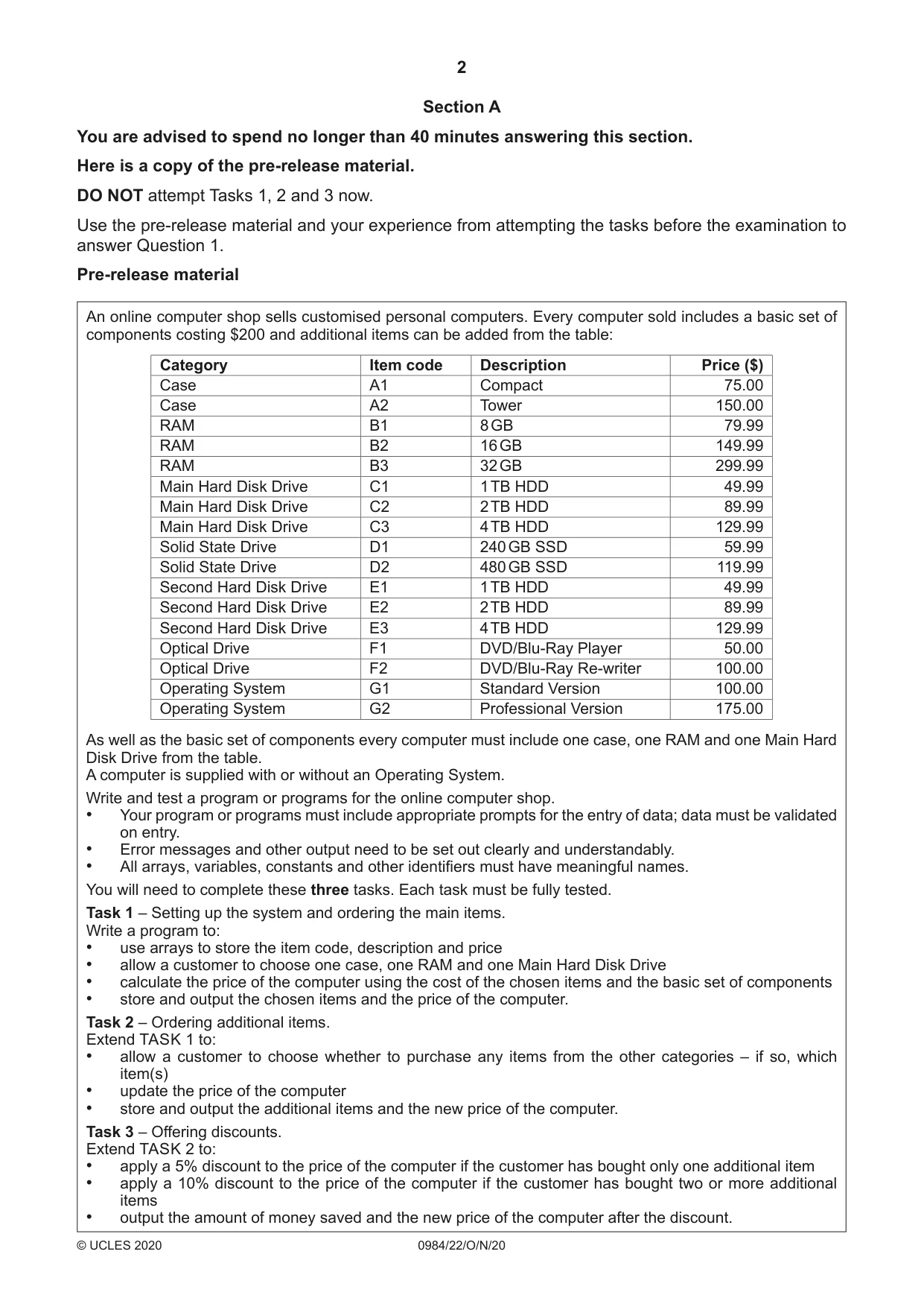Cambridge IGCSE Computer Science (9-1) 0984 2020 Oct/Nov Paper 2 · Variant 2 question paper, page 2 of 12