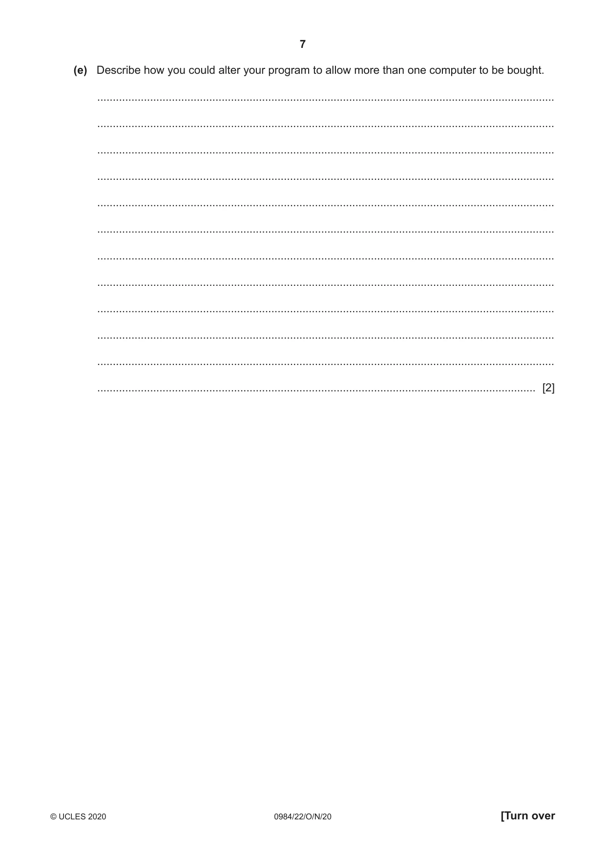 Cambridge IGCSE Computer Science (9-1) 0984 2020 Oct/Nov Paper 2 · Variant 2 question paper, page 7 of 12