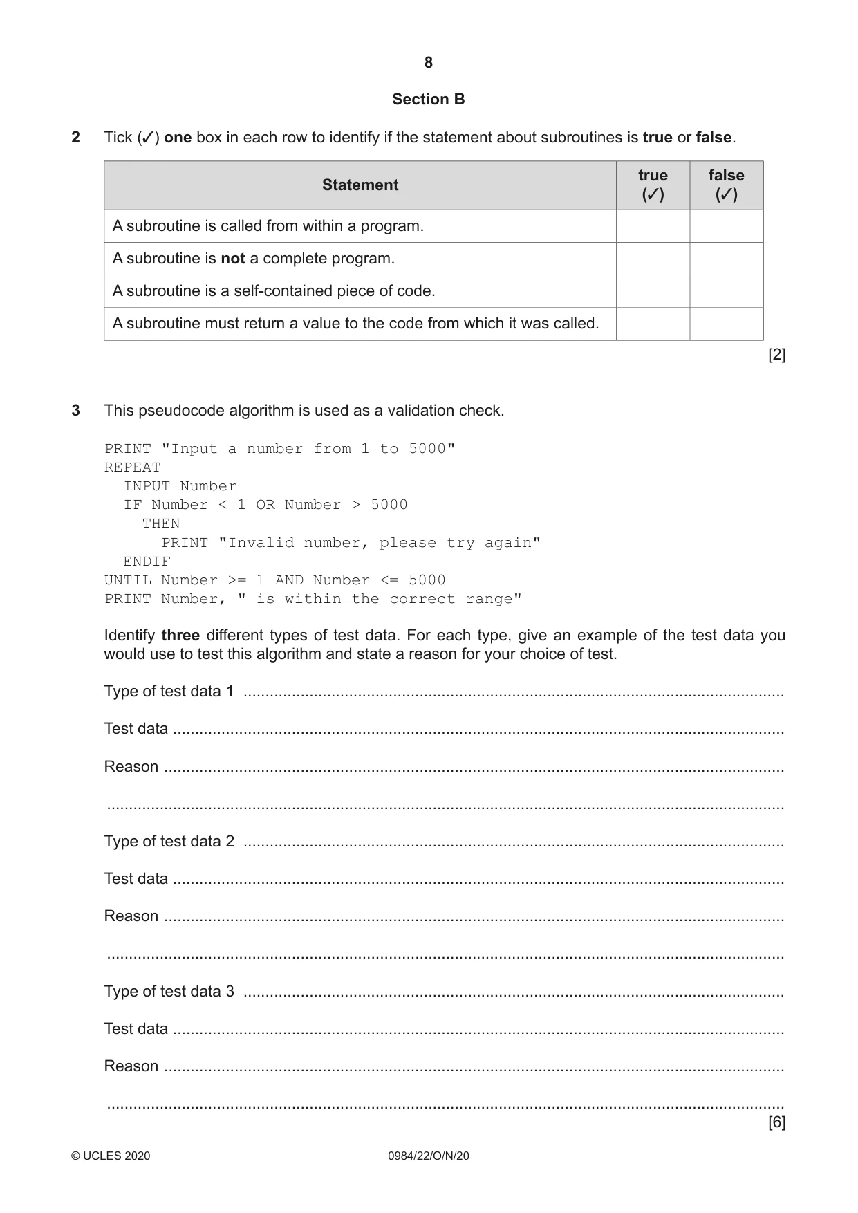 Cambridge IGCSE Computer Science (9-1) 0984 2020 Oct/Nov Paper 2 · Variant 2 question paper, page 8 of 12