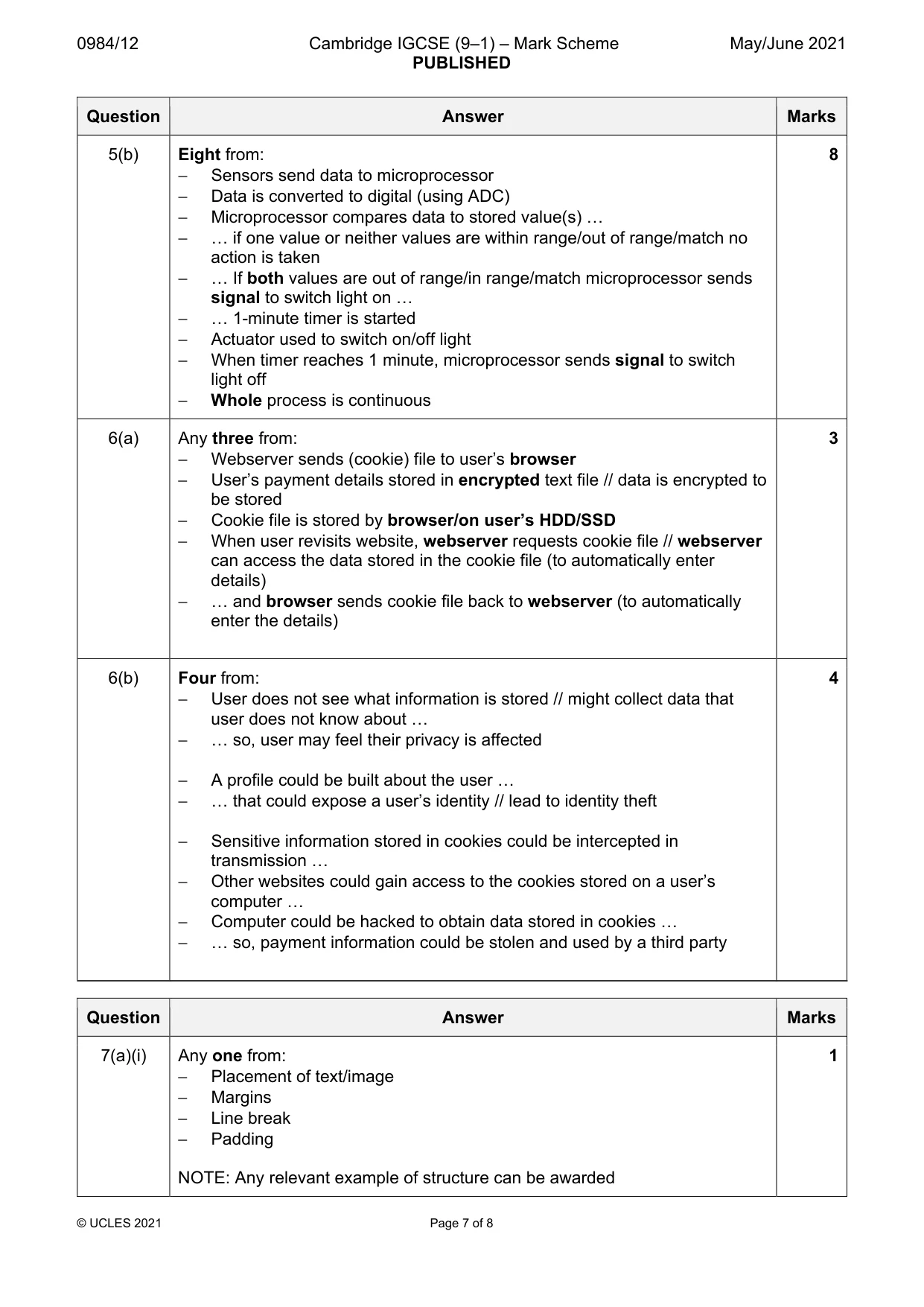 Mark scheme, page 7 of 8