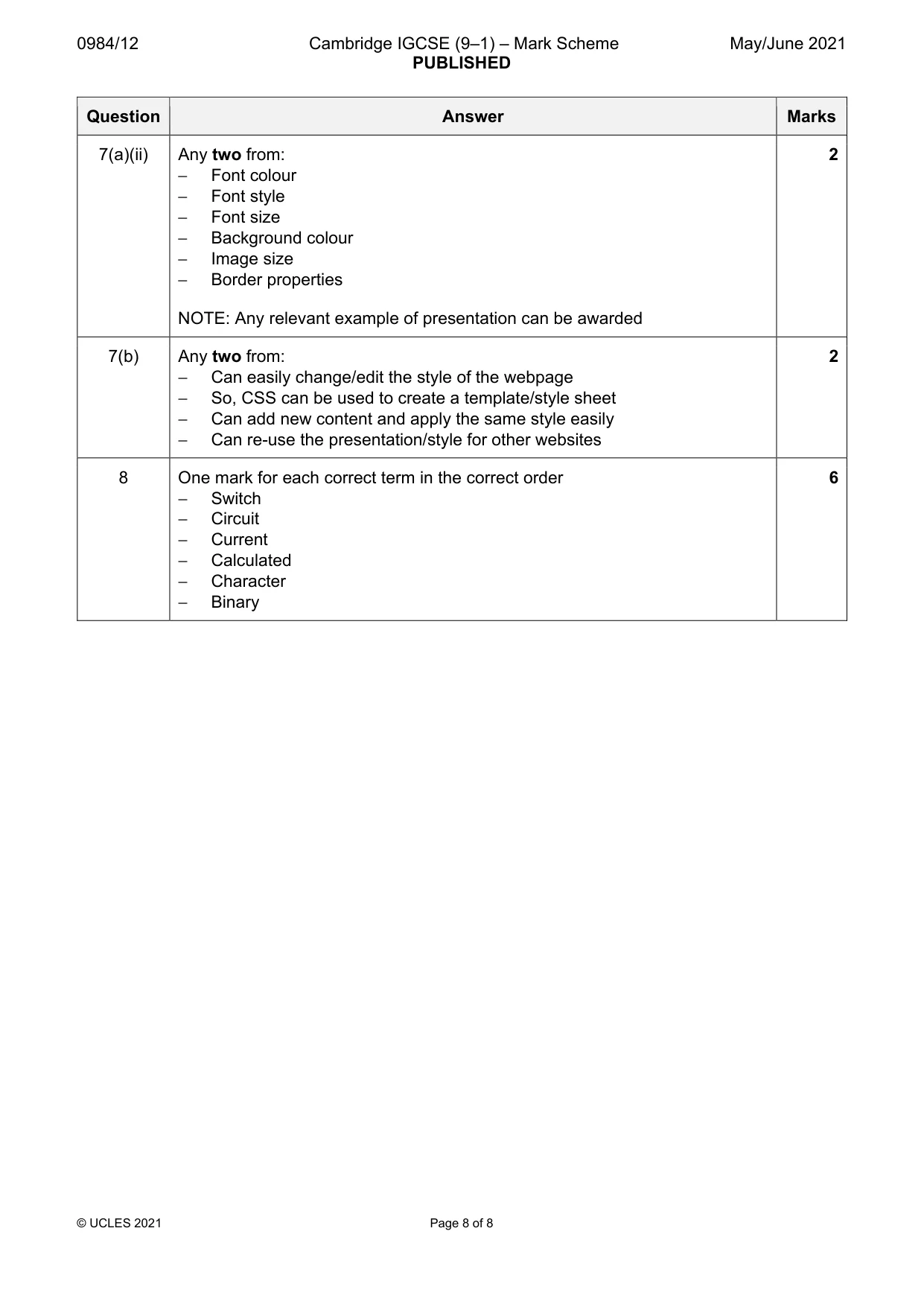 Mark scheme, page 8 of 8