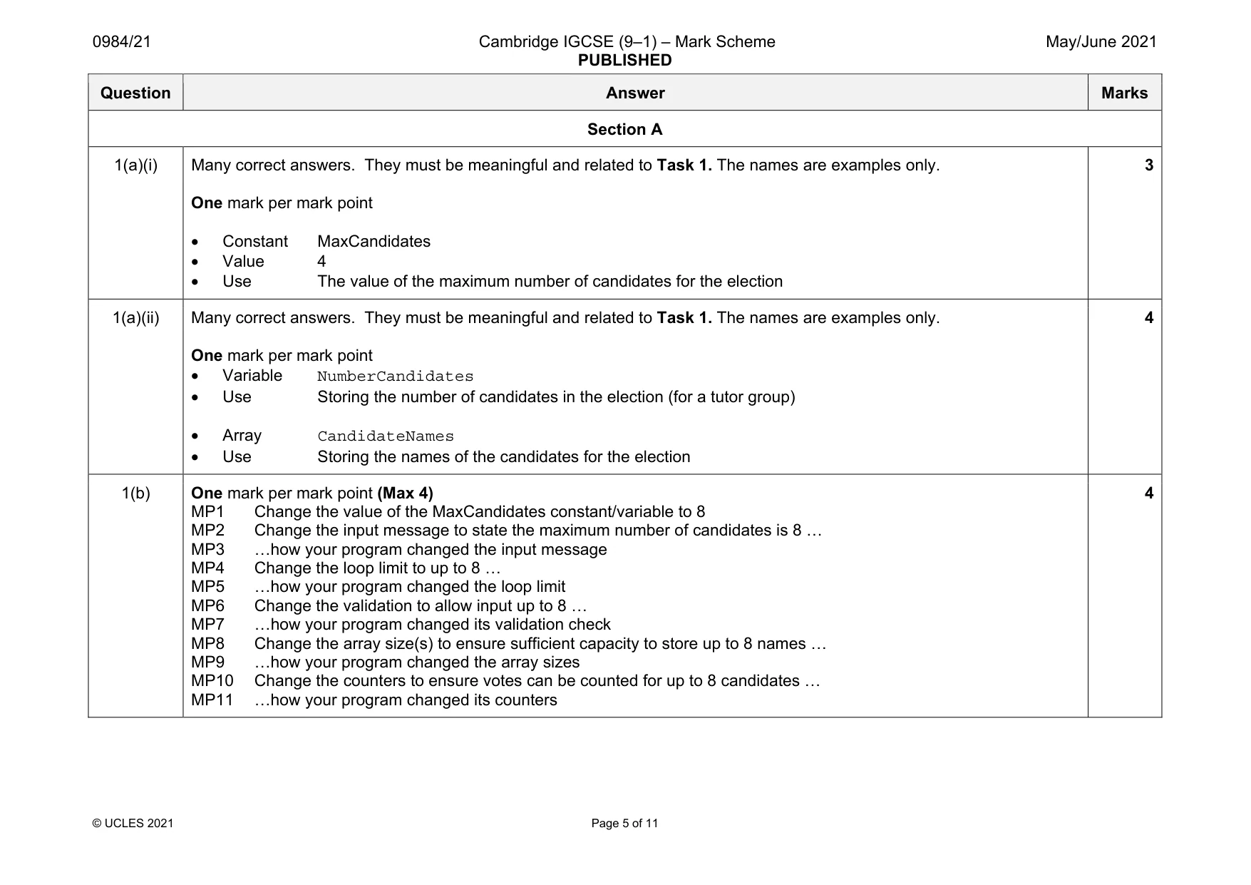 Mark scheme, page 5 of 11