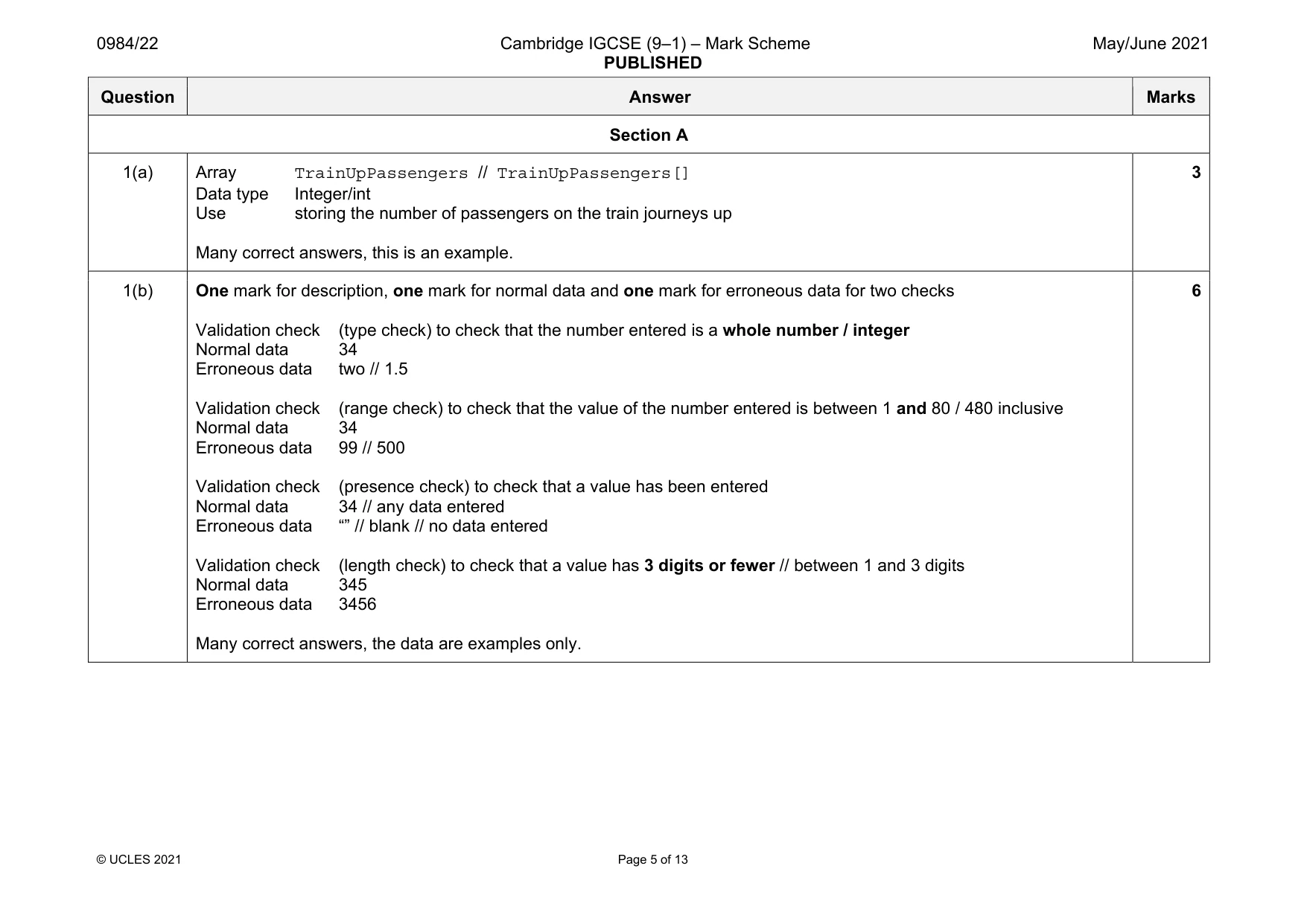 Mark scheme, page 5 of 13