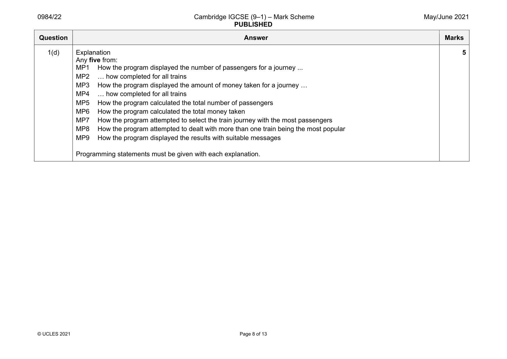 Mark scheme, page 8 of 13