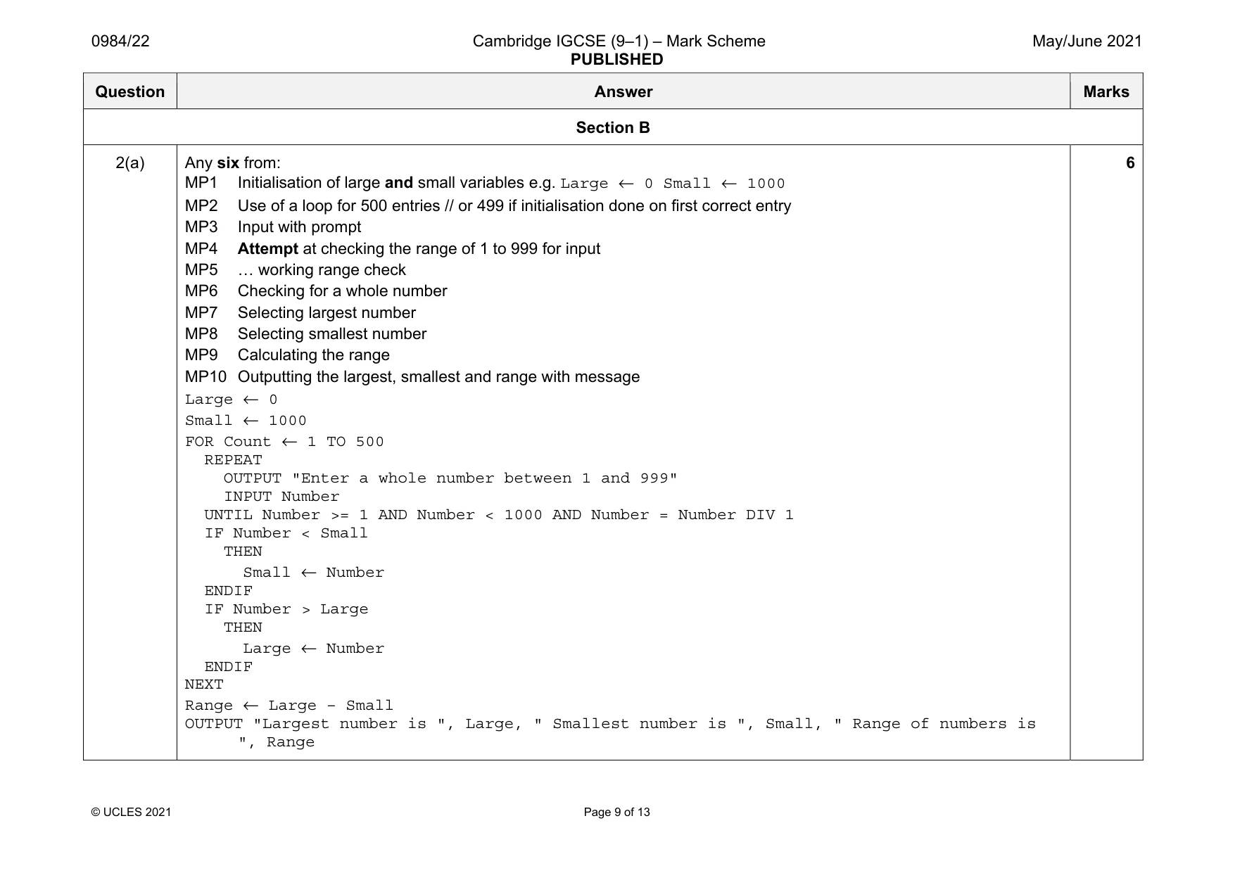 Mark scheme, page 9 of 13