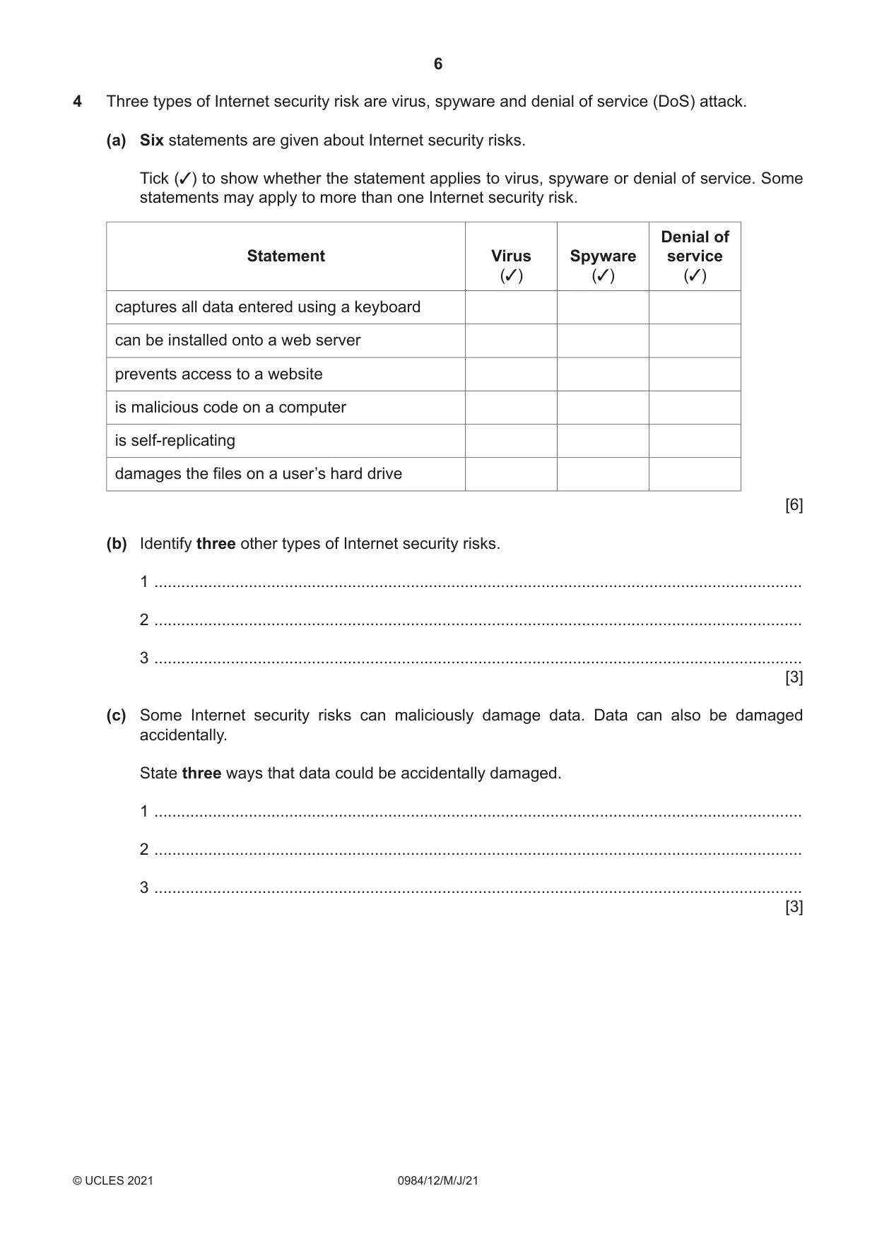 Cambridge IGCSE Computer Science (9-1) 0984 2021 May/June Paper 1 · Variant 2 question paper, page 6 of 12