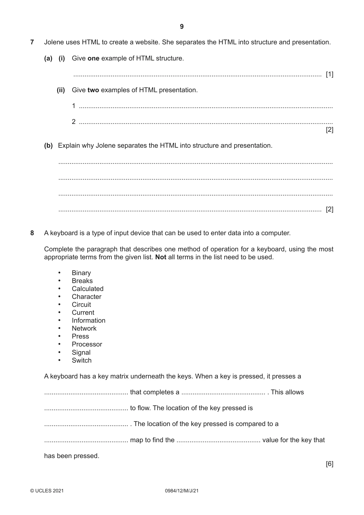 Cambridge IGCSE Computer Science (9-1) 0984 2021 May/June Paper 1 · Variant 2 question paper, page 9 of 12