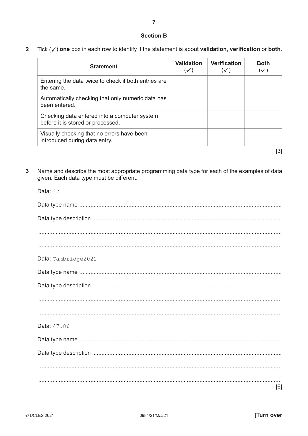 Cambridge IGCSE Computer Science (9-1) 0984 2021 May/June Paper 2 · Variant 1 question paper, page 7 of 16