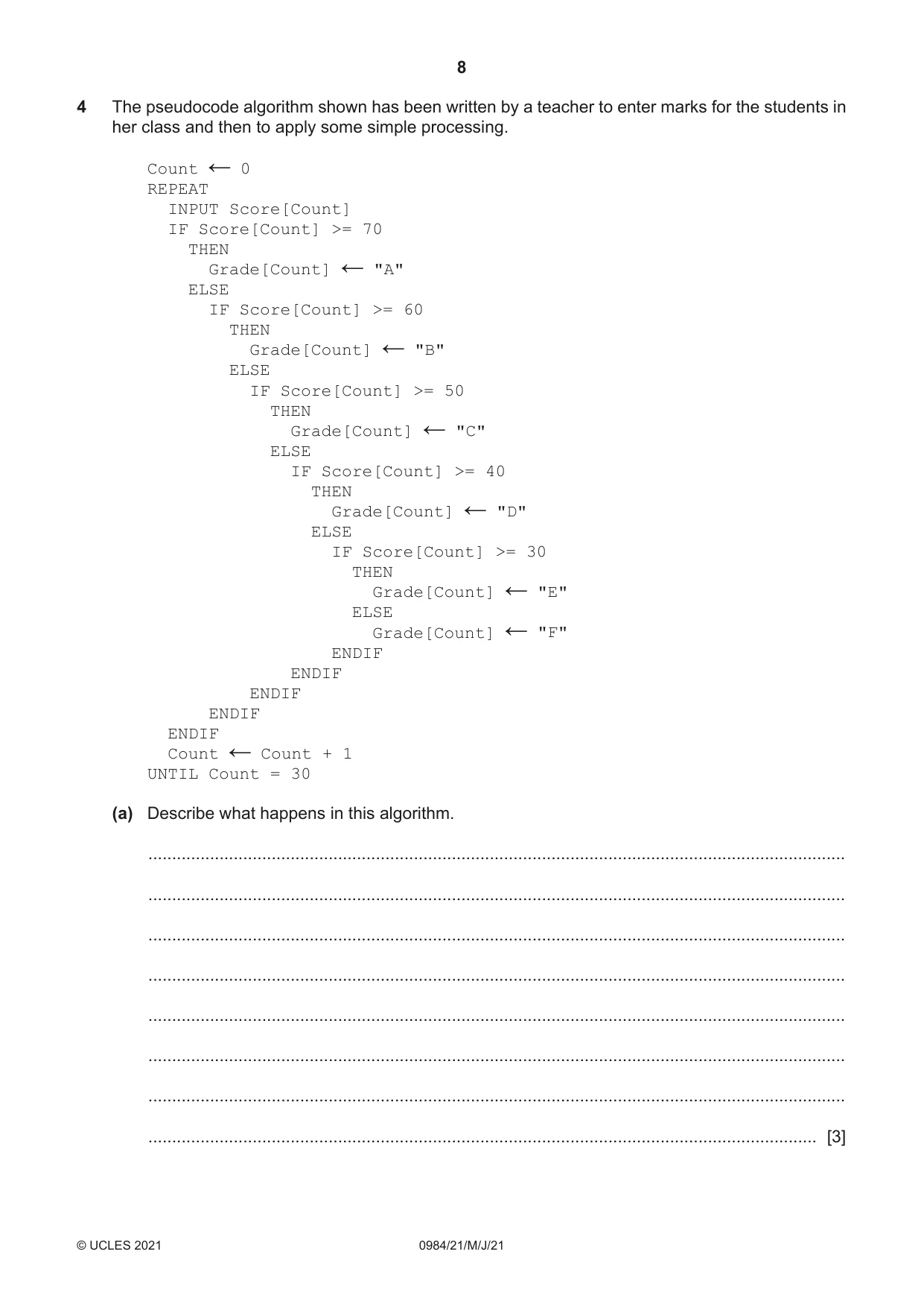 Cambridge IGCSE Computer Science (9-1) 0984 2021 May/June Paper 2 · Variant 1 question paper, page 8 of 16