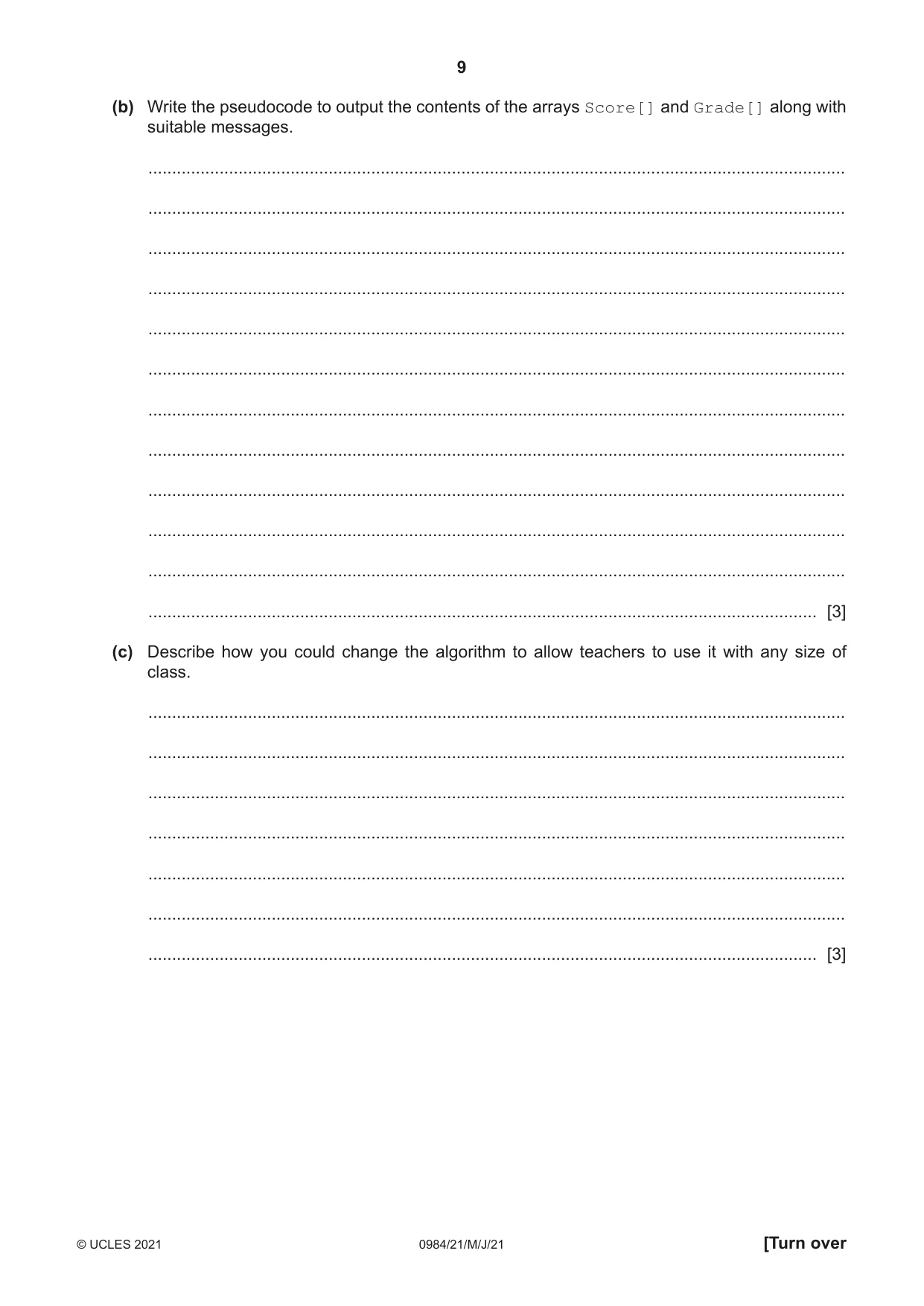 Cambridge IGCSE Computer Science (9-1) 0984 2021 May/June Paper 2 · Variant 1 question paper, page 9 of 16