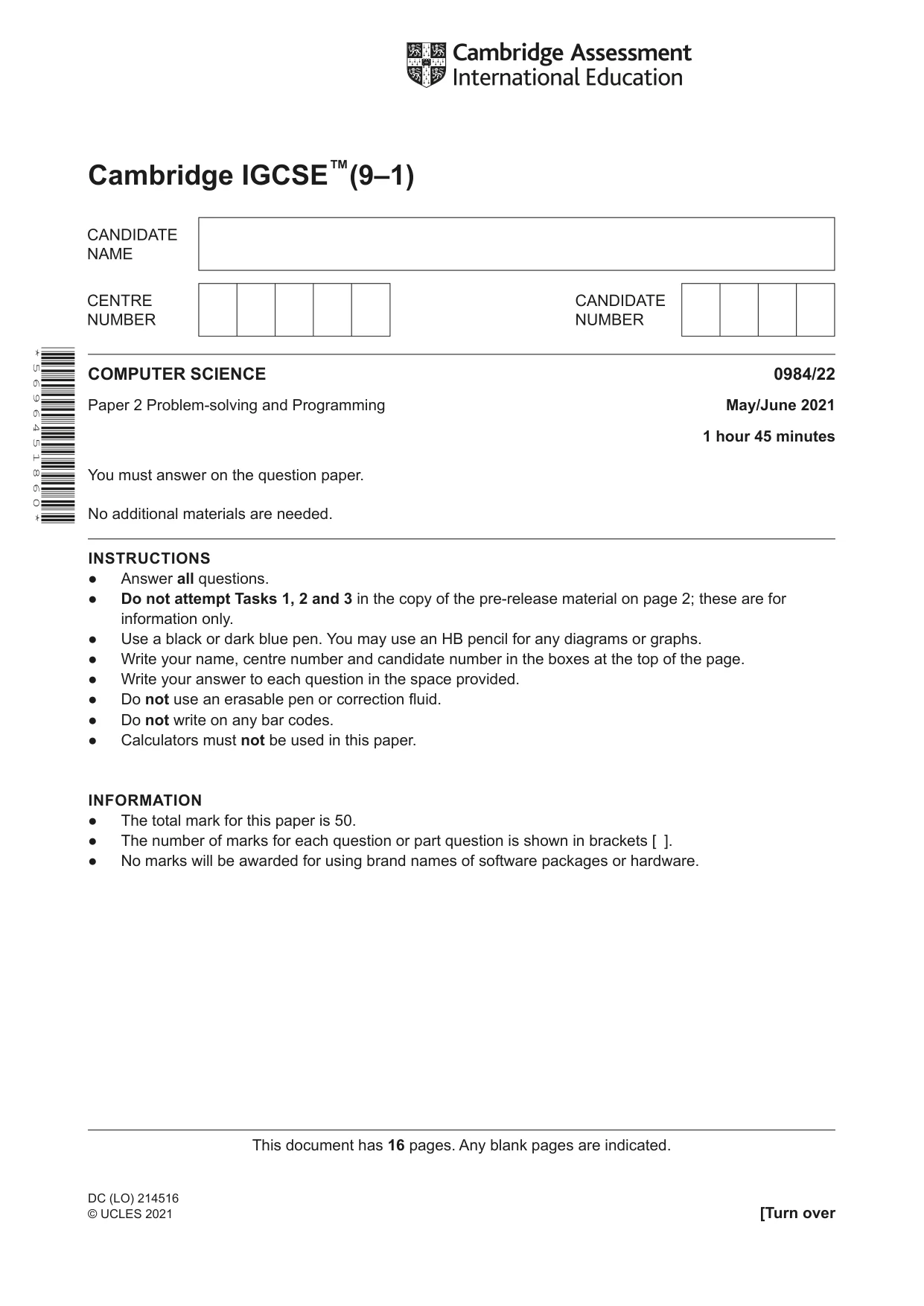 Cambridge IGCSE Computer Science (9-1) 0984 2021 May/June Paper 2 · Variant 2 question paper, page 1 of 16