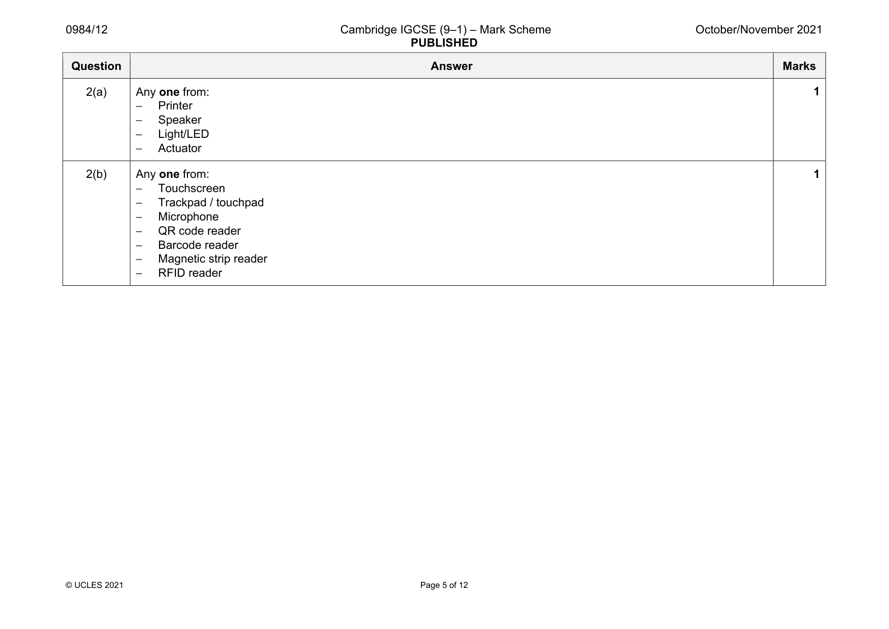 Mark scheme, page 5 of 12