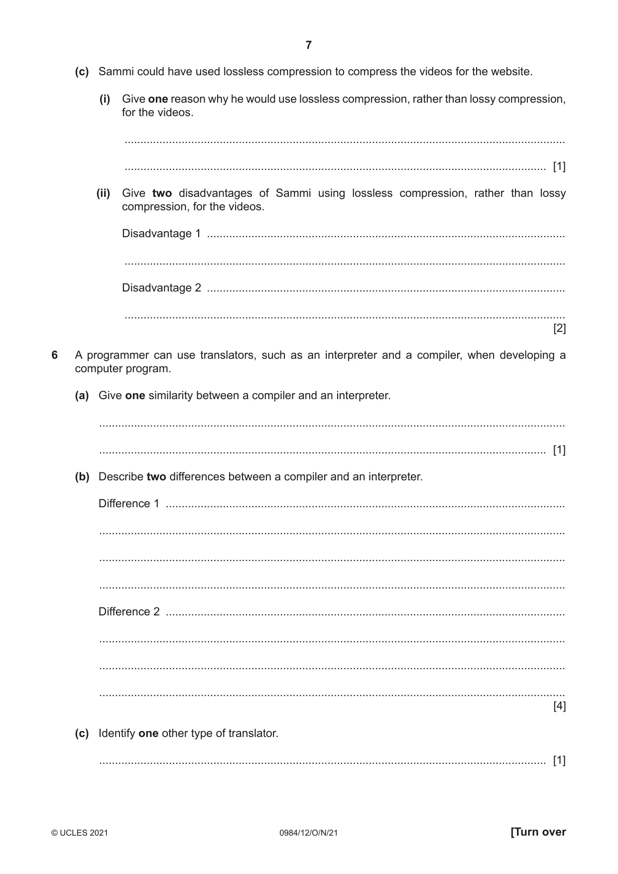 Cambridge IGCSE Computer Science (9-1) 0984 2021 Oct/Nov Paper 1 · Variant 2 question paper, page 7 of 12