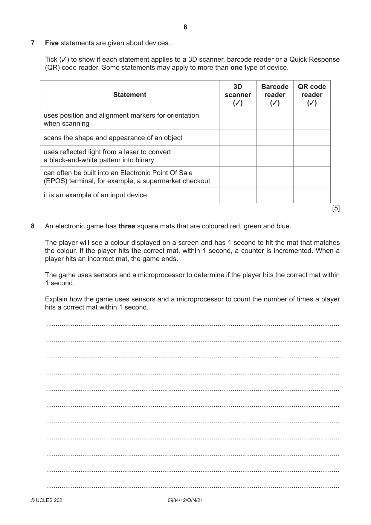 Cambridge IGCSE Computer Science (9-1) 0984 2021 Oct/Nov Paper 1 · Variant 2 question paper, page 8 of 12
