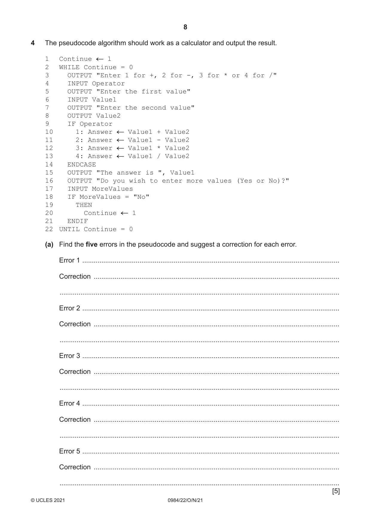 Cambridge IGCSE Computer Science (9-1) 0984 2021 Oct/Nov Paper 2 · Variant 2 question paper, page 8 of 12