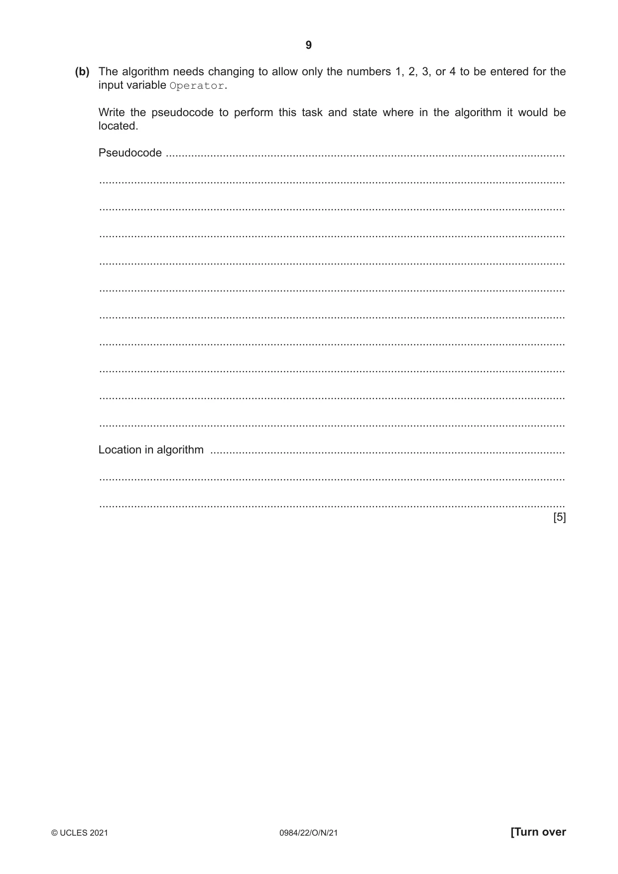 Cambridge IGCSE Computer Science (9-1) 0984 2021 Oct/Nov Paper 2 · Variant 2 question paper, page 9 of 12