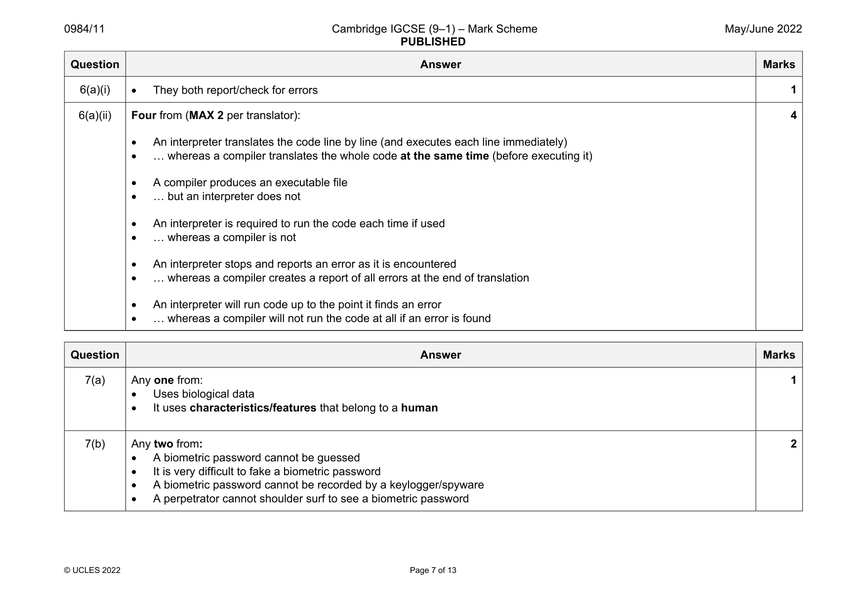 Mark scheme, page 7 of 13