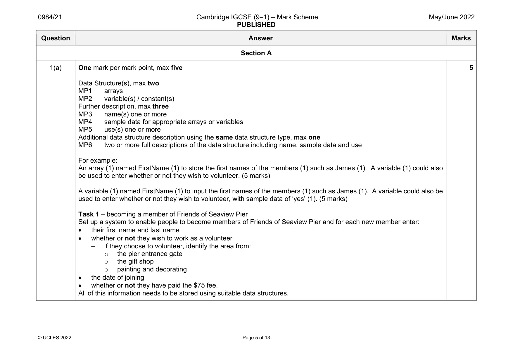 Mark scheme, page 5 of 13