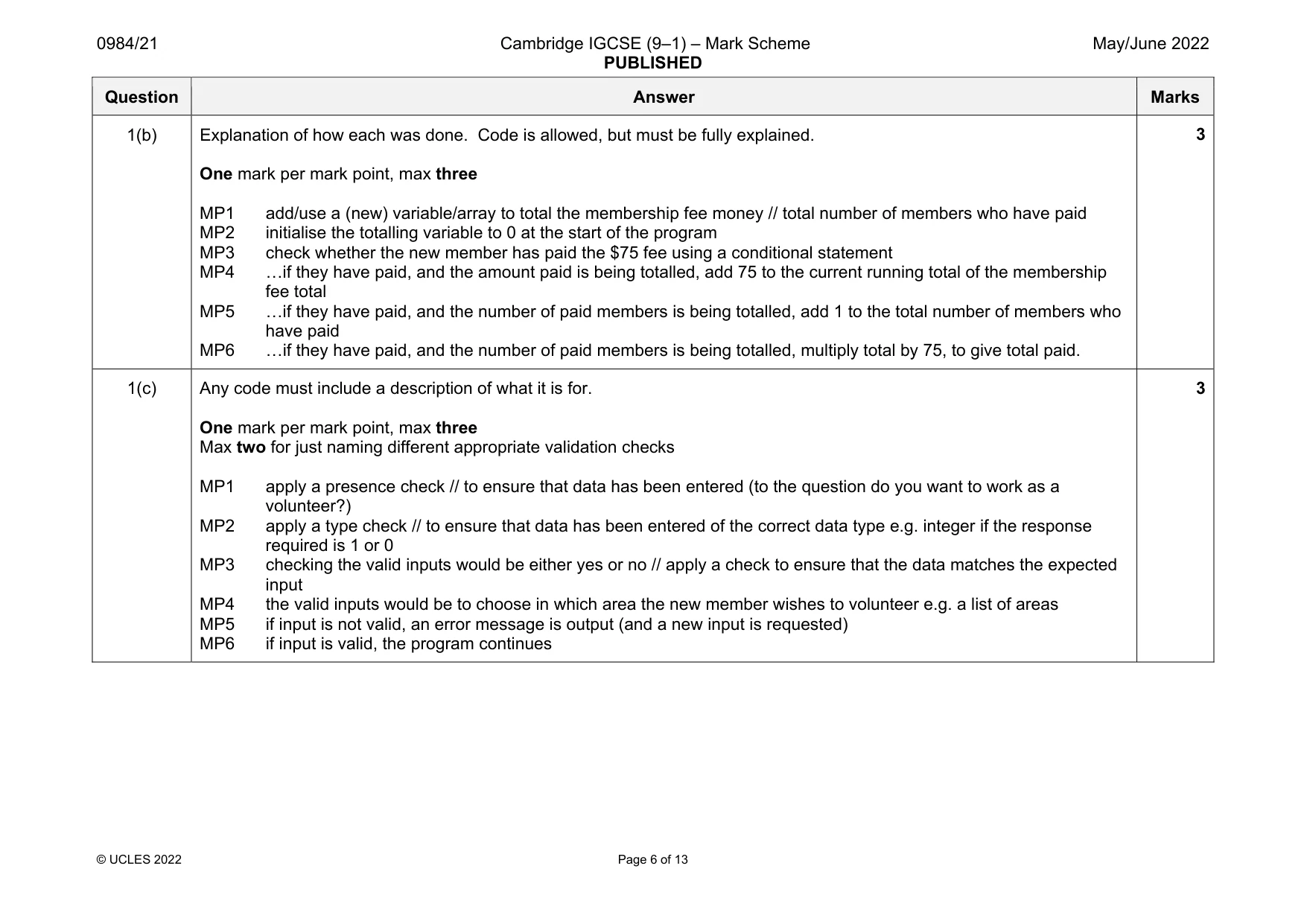 Mark scheme, page 6 of 13