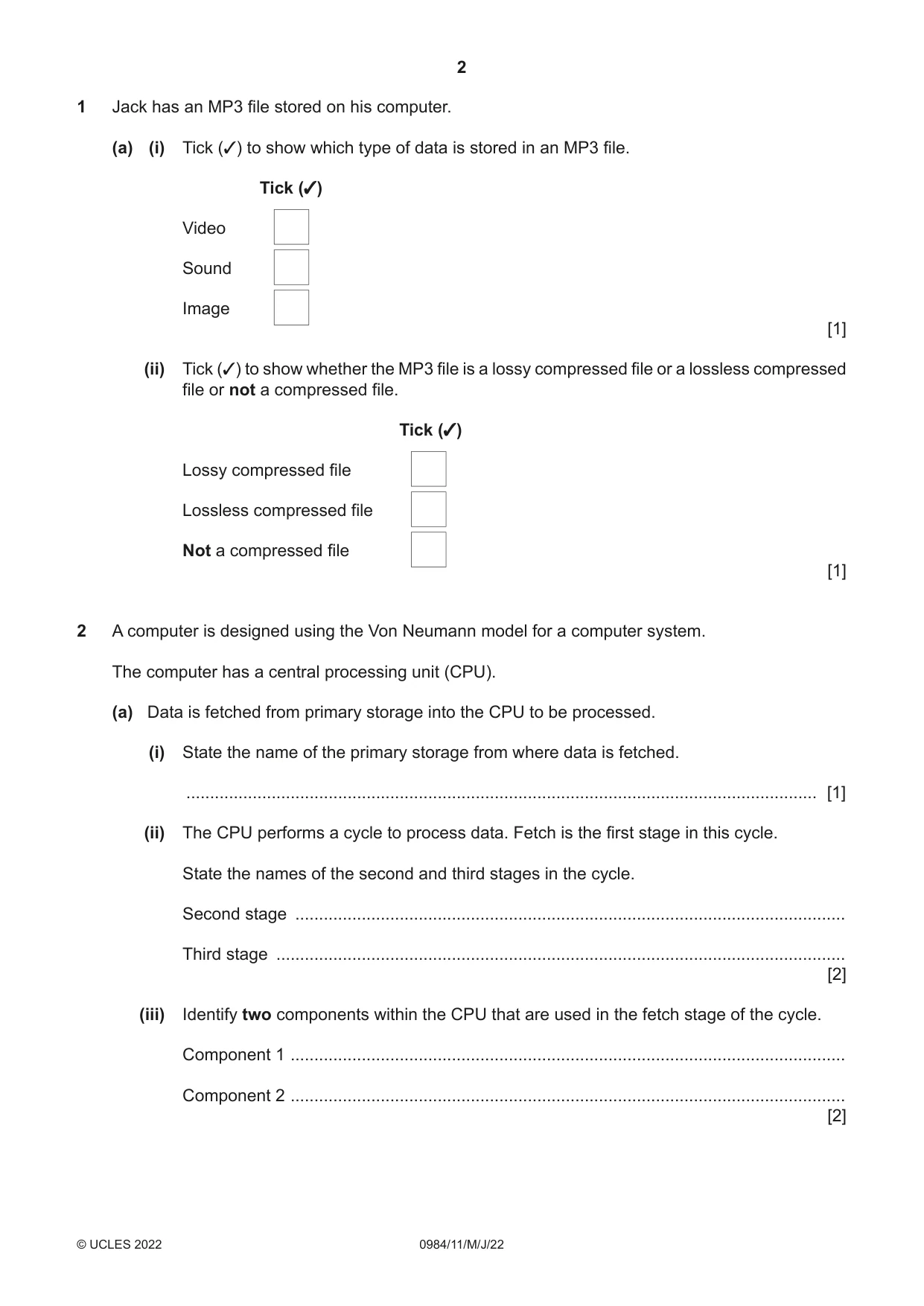 Cambridge IGCSE Computer Science (9-1) 0984 2022 May/June Paper 1 · Variant 1 question paper, page 2 of 12