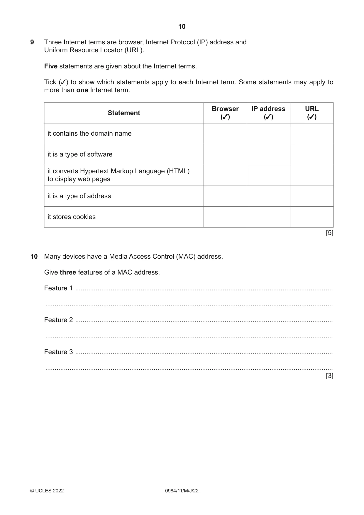 Cambridge IGCSE Computer Science (9-1) 0984 2022 May/June Paper 1 · Variant 1 question paper, page 10 of 12