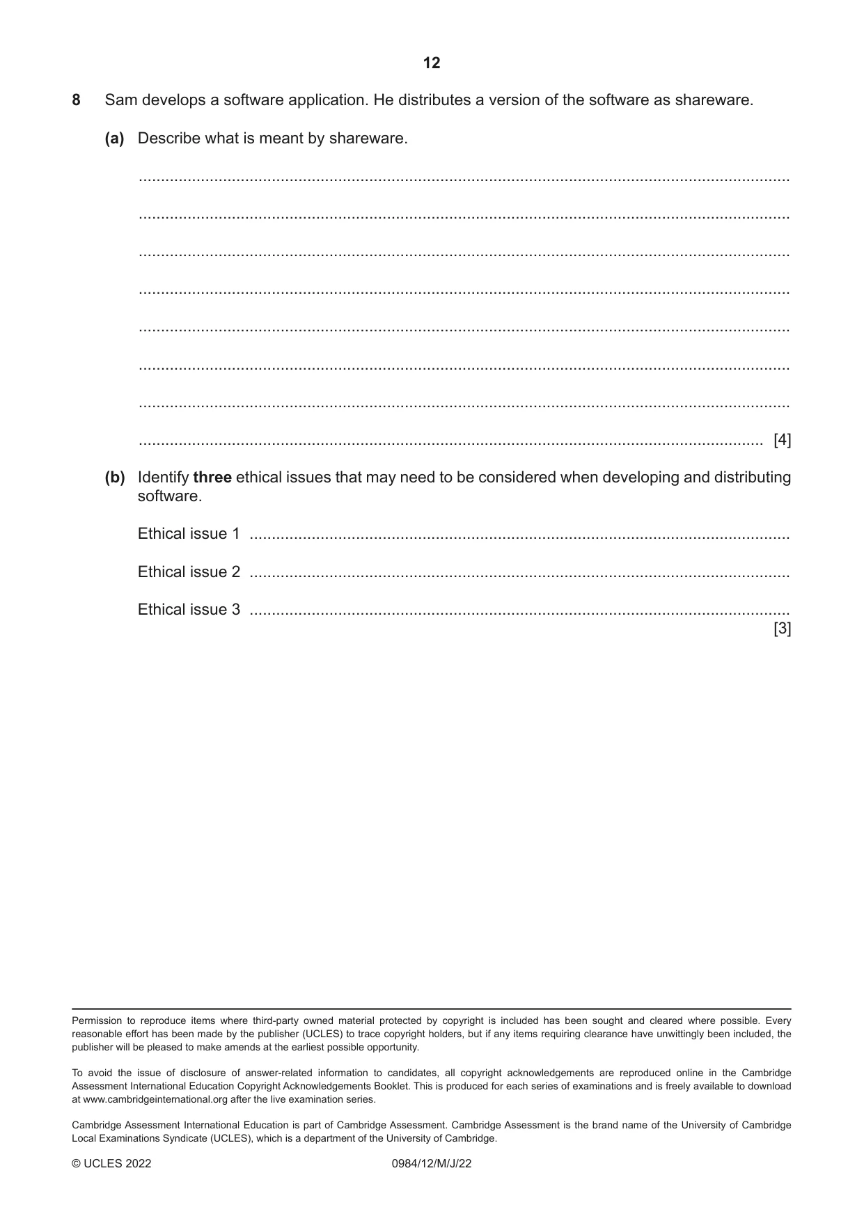 Cambridge IGCSE Computer Science (9-1) 0984 2022 May/June Paper 1 · Variant 2 question paper, page 12 of 12