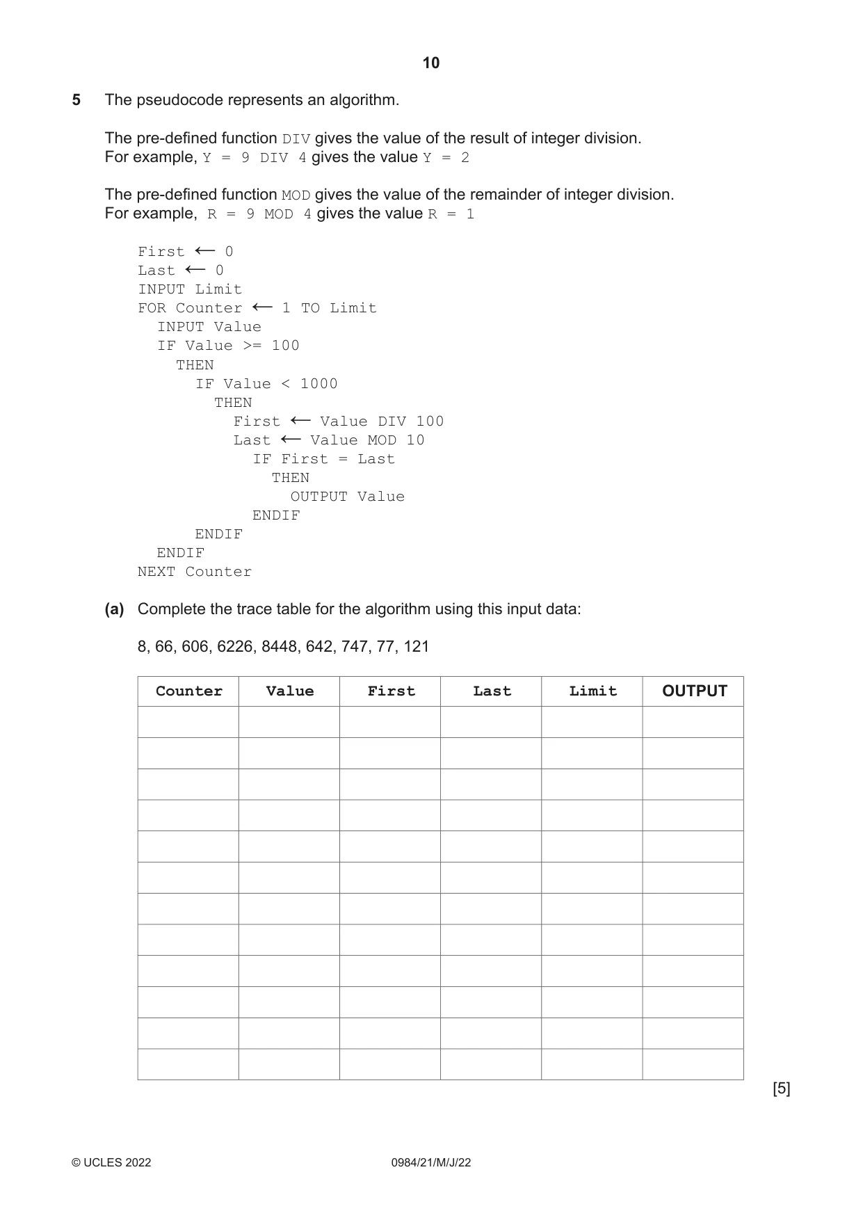 Cambridge IGCSE Computer Science (9-1) 0984 2022 May/June Paper 2 · Variant 1 question paper, page 10 of 12