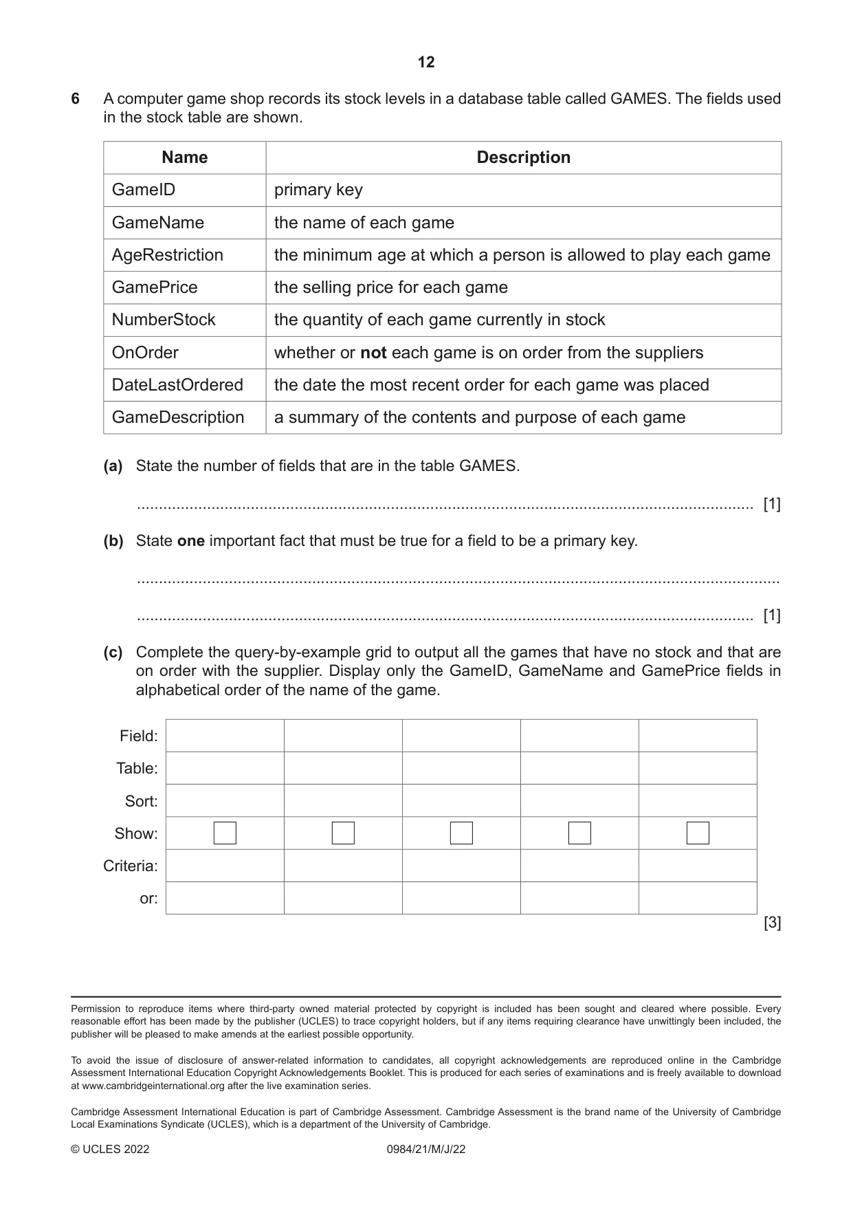 Cambridge IGCSE Computer Science (9-1) 0984 2022 May/June Paper 2 · Variant 1 question paper, page 12 of 12
