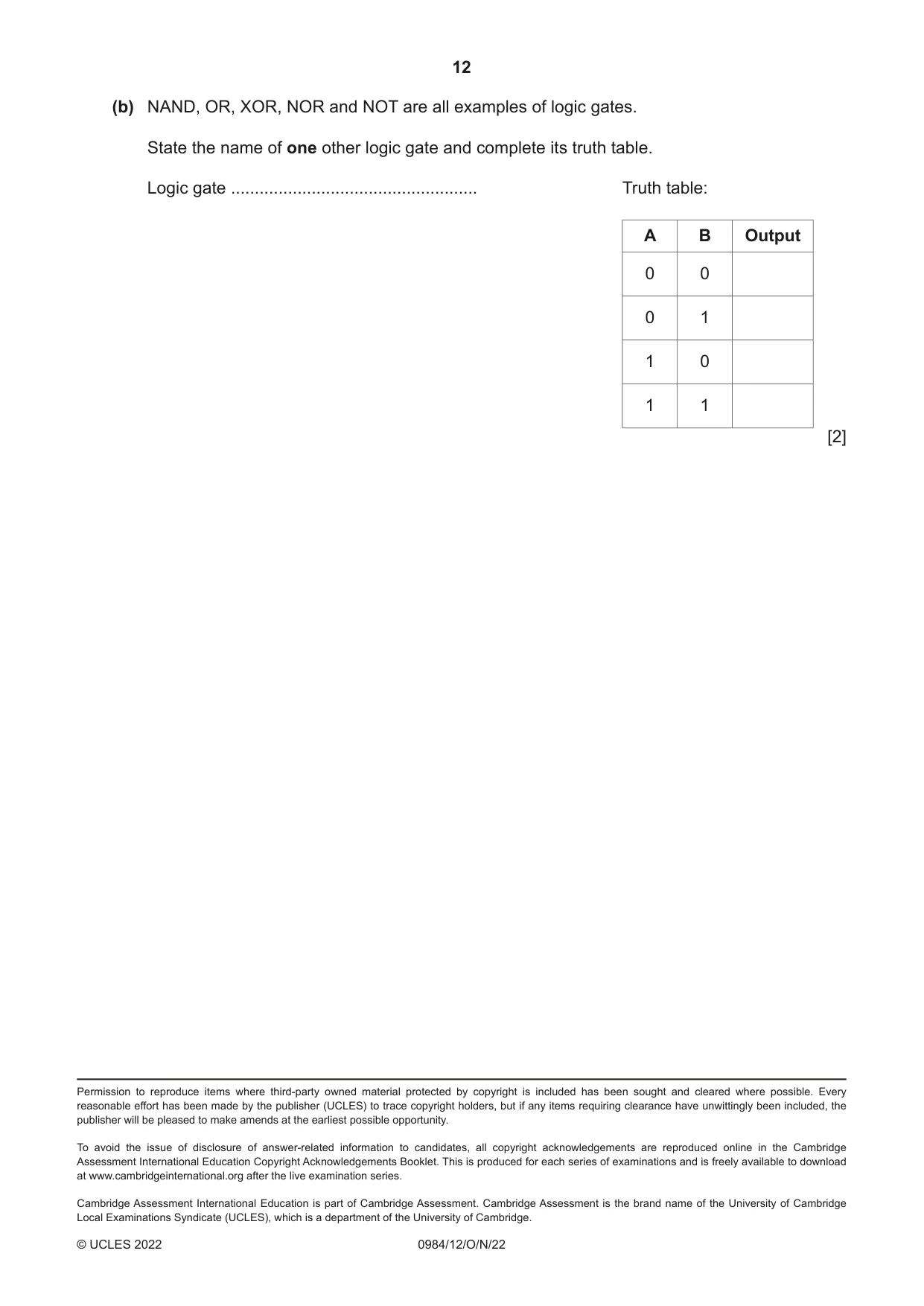 Cambridge IGCSE Computer Science (9-1) 0984 2022 Oct/Nov Paper 1 · Variant 2 question paper, page 12 of 12