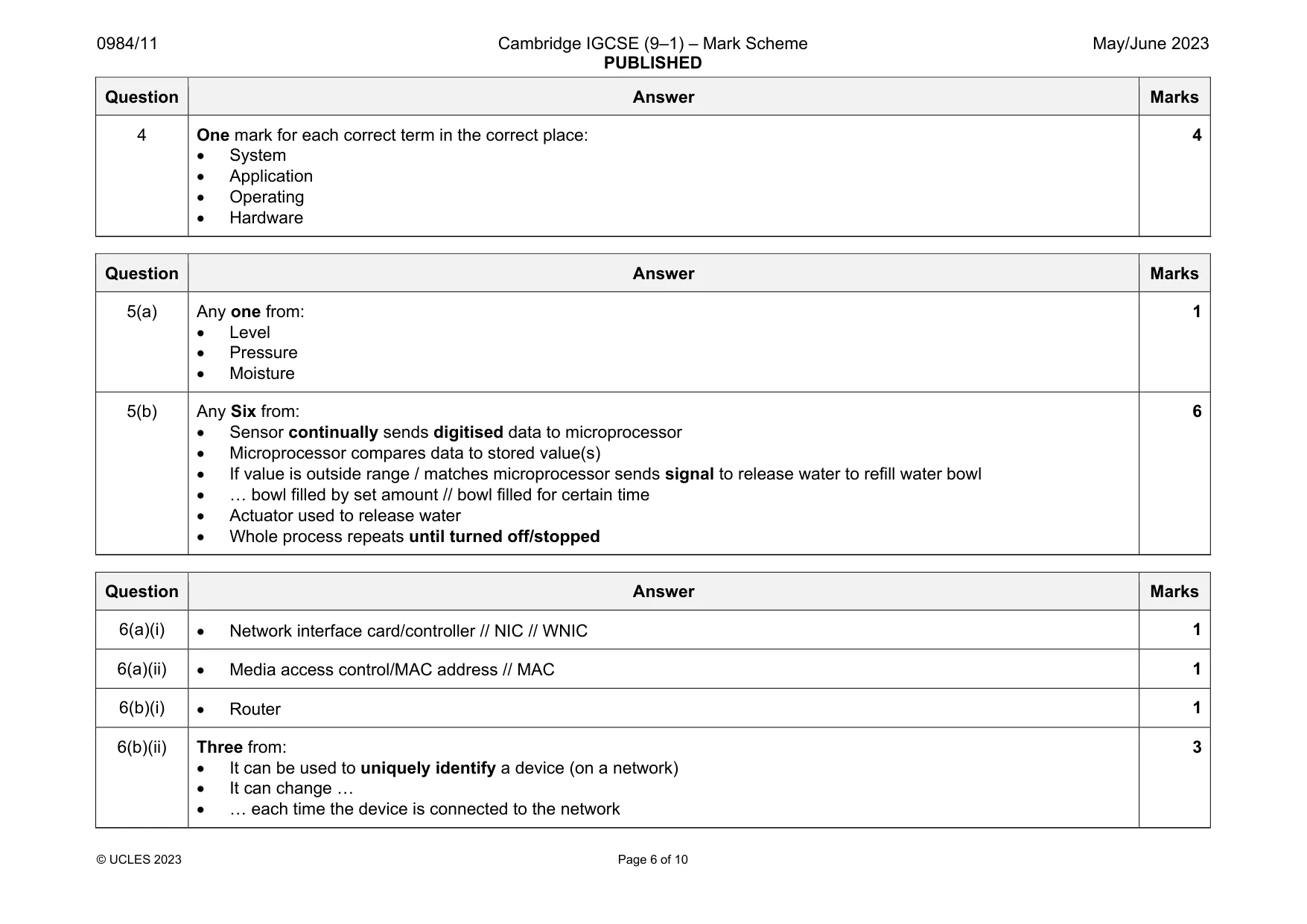 Mark scheme, page 6 of 10