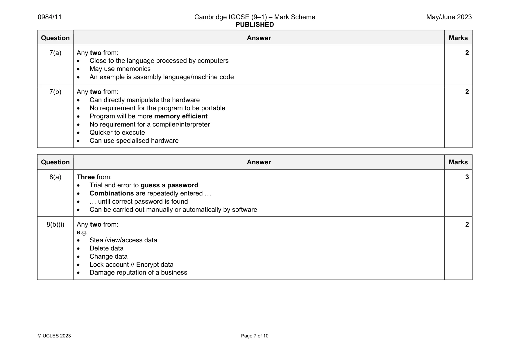 Mark scheme, page 7 of 10