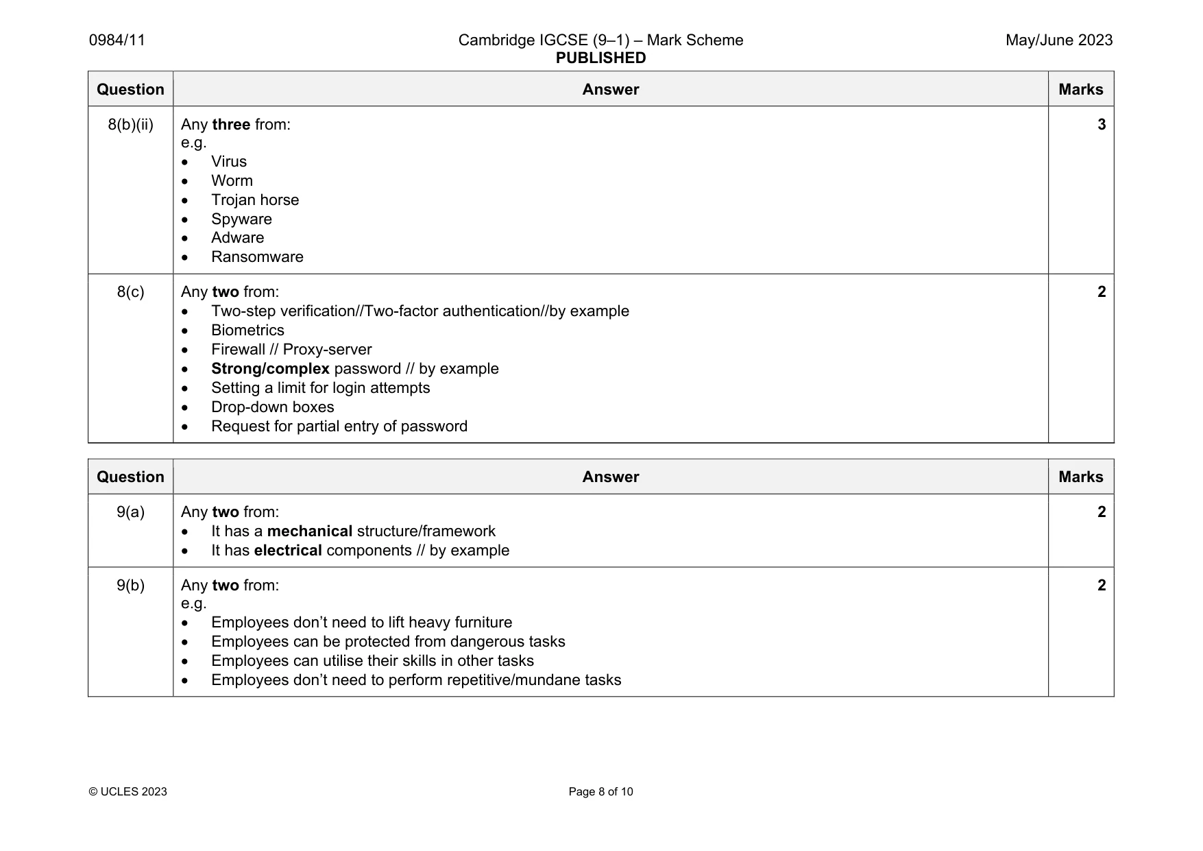 Mark scheme, page 8 of 10