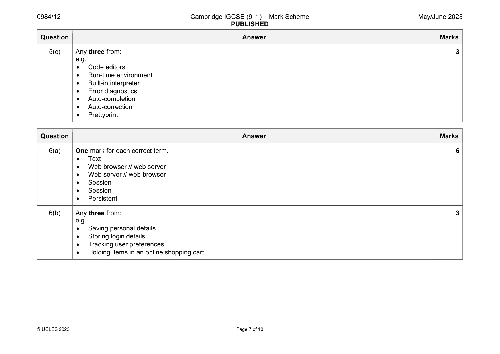 Mark scheme, page 7 of 10