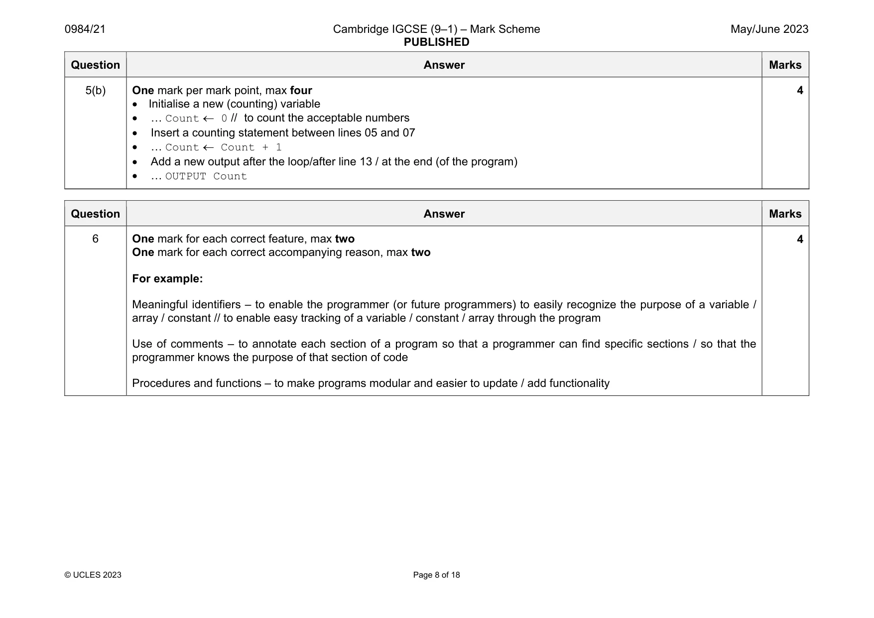Mark scheme, page 8 of 18