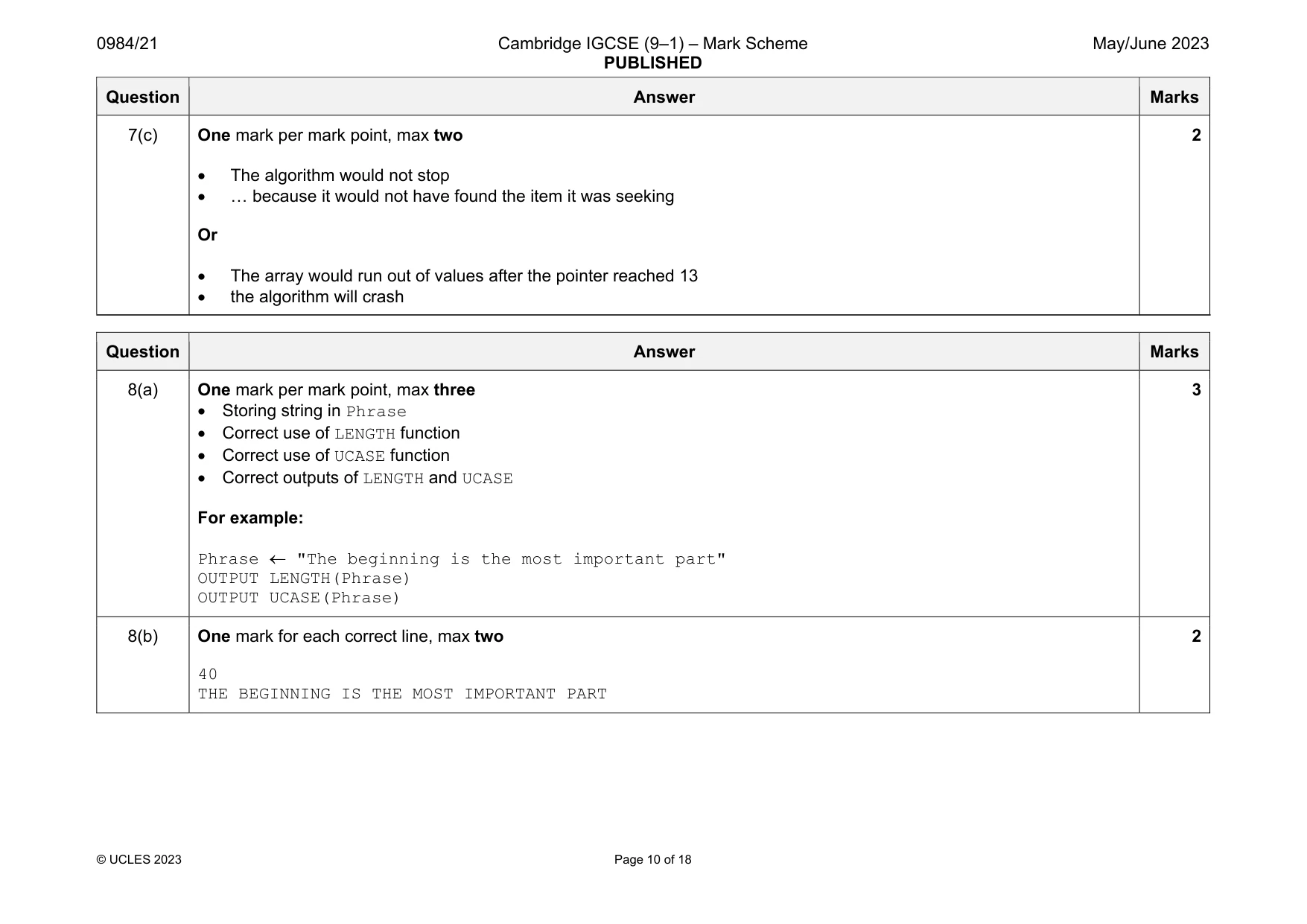 Mark scheme, page 10 of 18