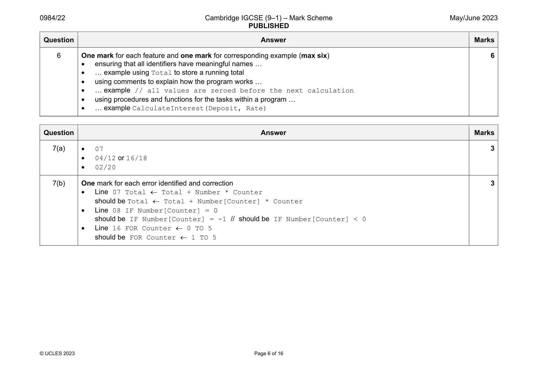 Mark scheme, page 6 of 16