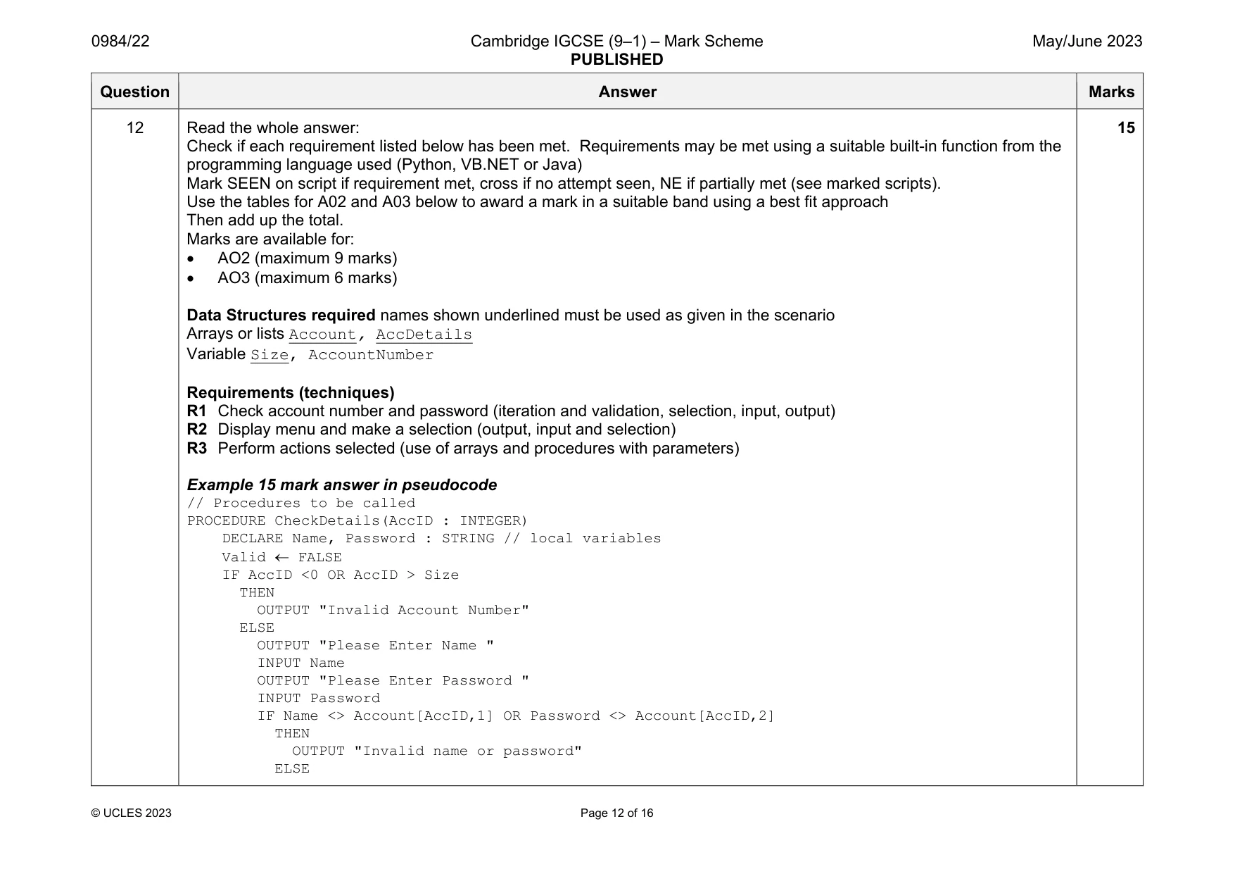 Mark scheme, page 12 of 16