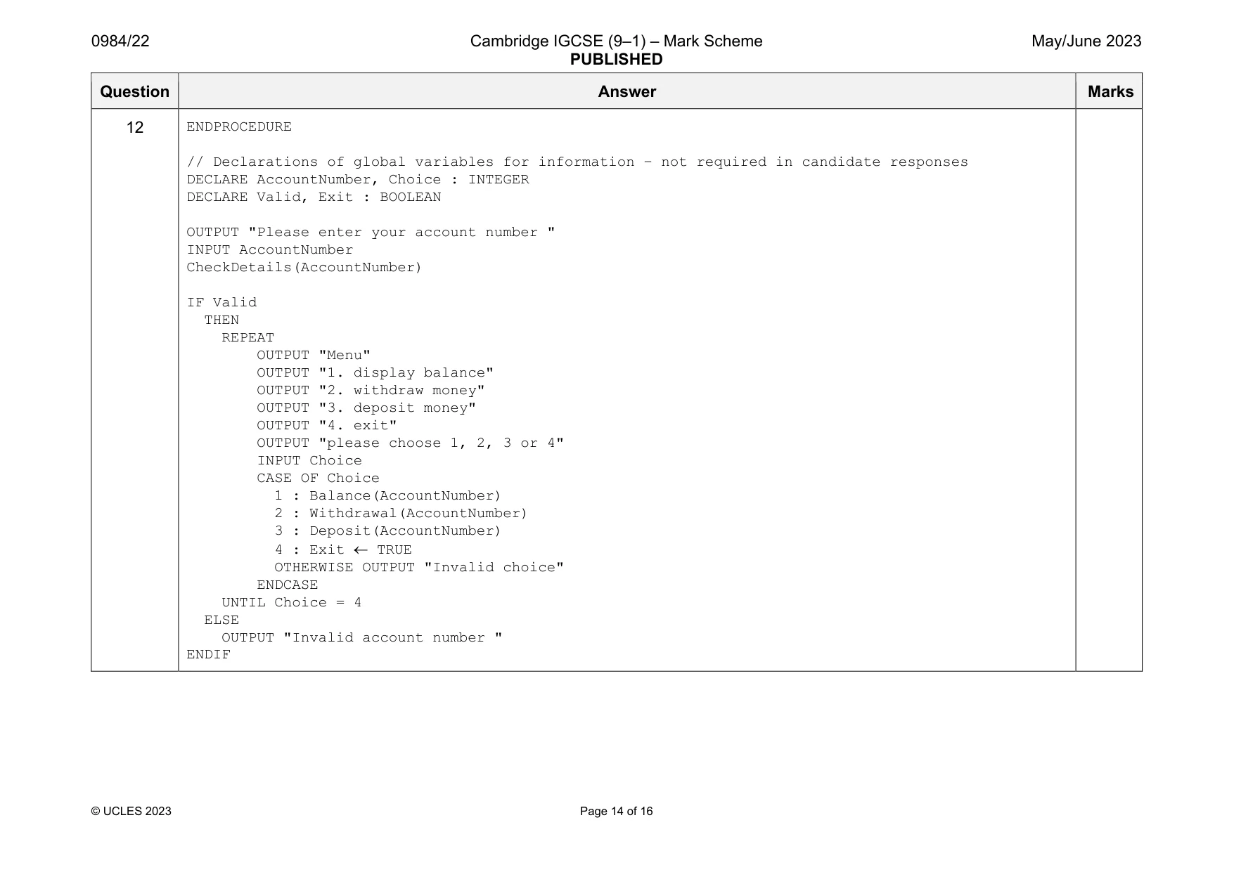 Mark scheme, page 14 of 16