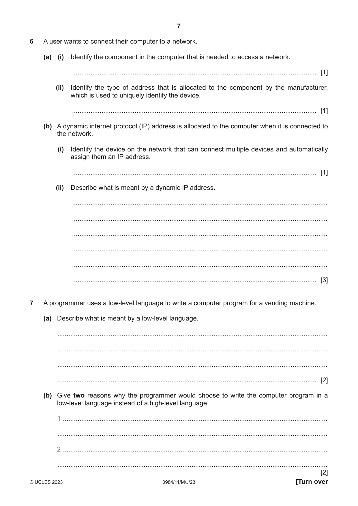 Cambridge IGCSE Computer Science (9-1) 0984 2023 May/June Paper 1 · Variant 1 question paper, page 7 of 12