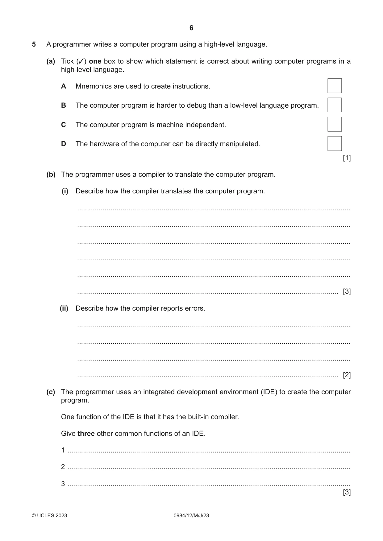 Cambridge IGCSE Computer Science (9-1) 0984 2023 May/June Paper 1 · Variant 2 question paper, page 6 of 12