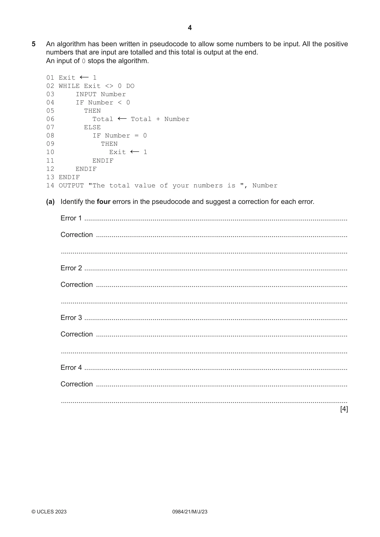 Cambridge IGCSE Computer Science (9-1) 0984 2023 May/June Paper 2 · Variant 1 question paper, page 4 of 16