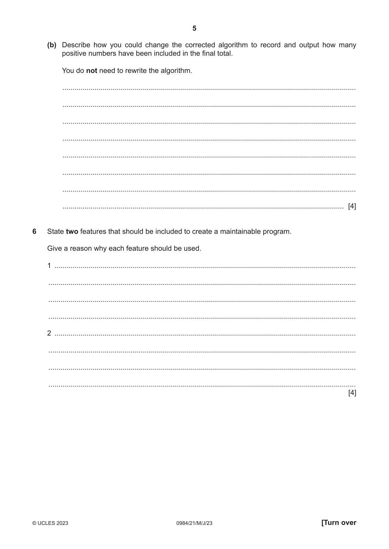 Cambridge IGCSE Computer Science (9-1) 0984 2023 May/June Paper 2 · Variant 1 question paper, page 5 of 16