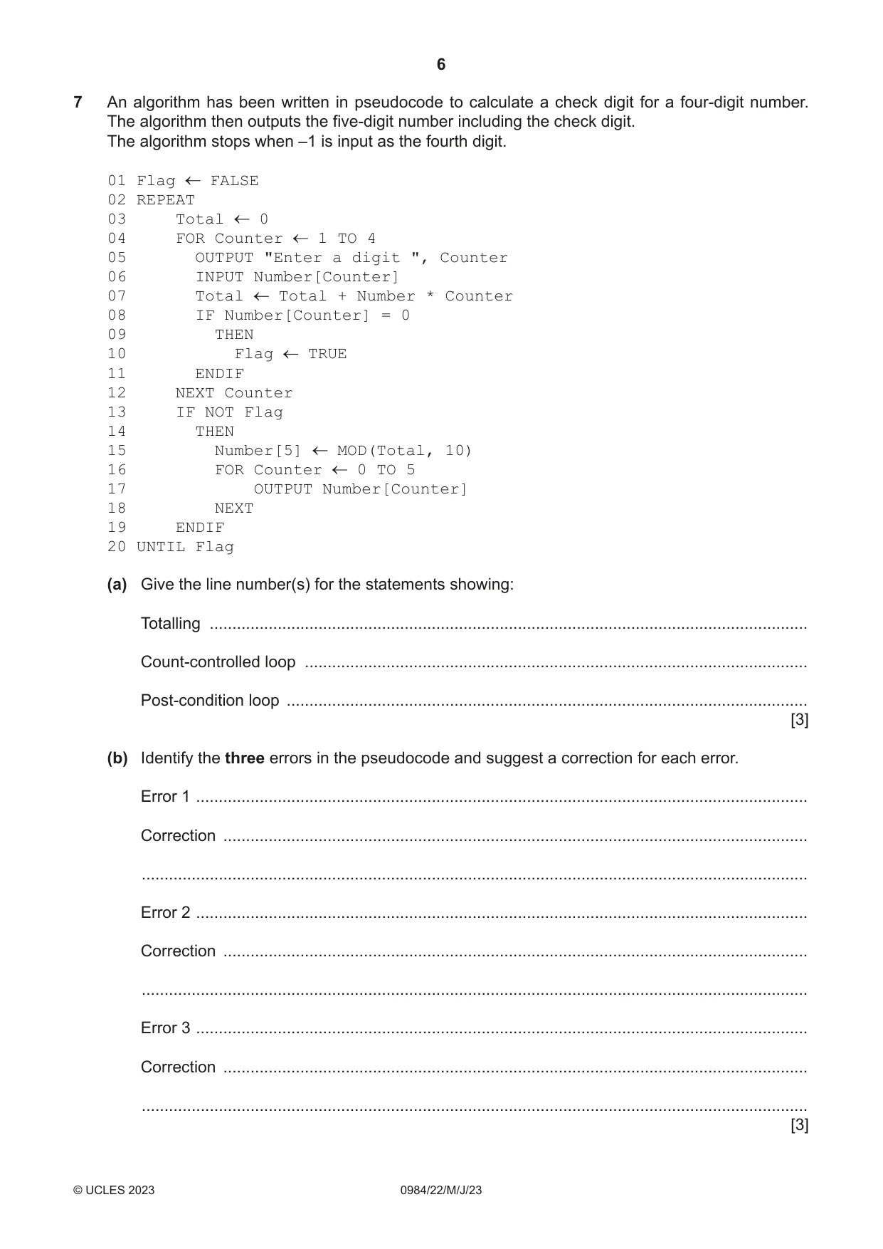 Cambridge IGCSE Computer Science (9-1) 0984 2023 May/June Paper 2 · Variant 2 question paper, page 6 of 16